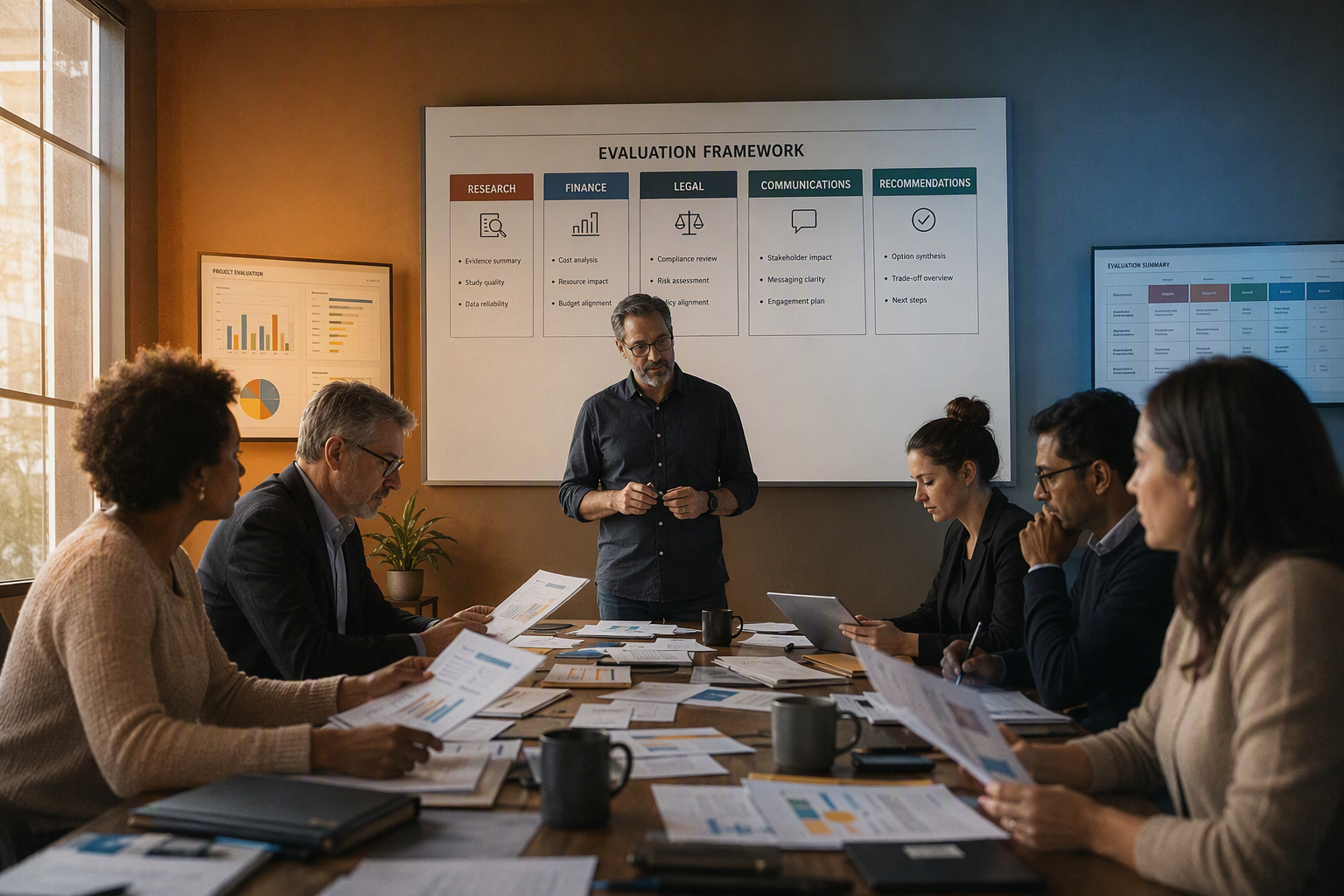 A neutral enterprise evaluation room where a research lead stands between two large workstations, comparing the same stack