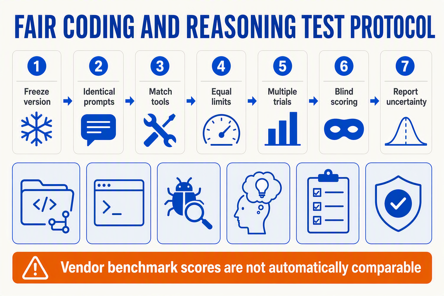 A reproducible evaluation pipeline infographic titled FAIR CODING AND REASONING TEST PROTOCOL