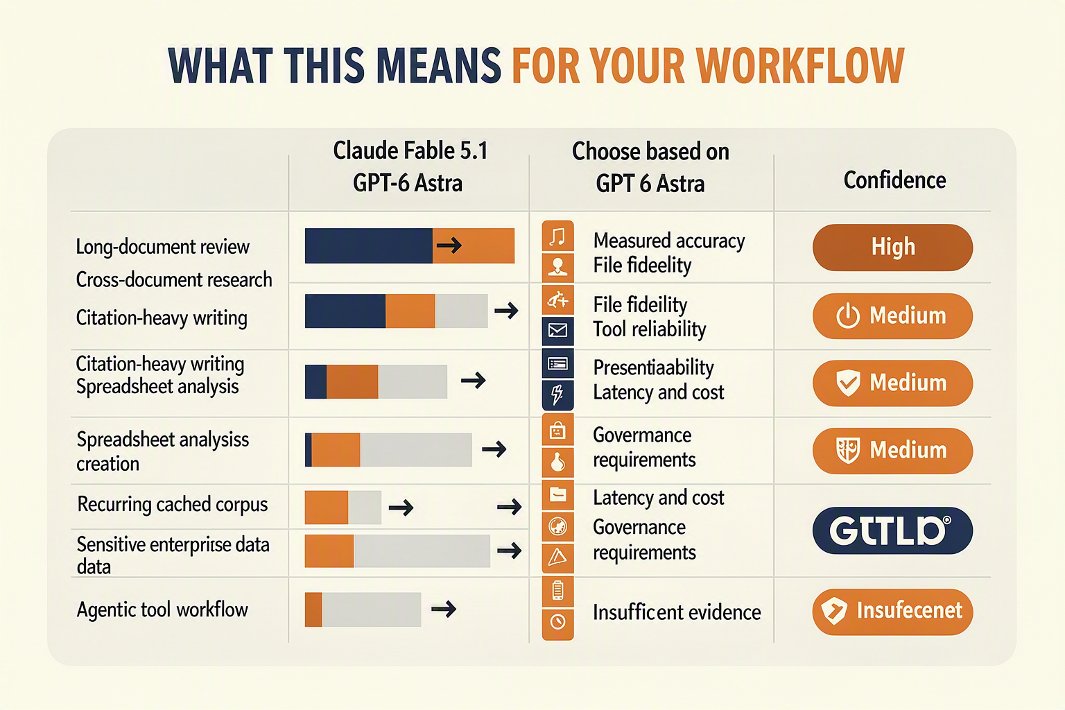 A workload-selection table rendered as a polished operations dashboard titled WHAT THIS MEANS FOR YOUR WORKFLOW