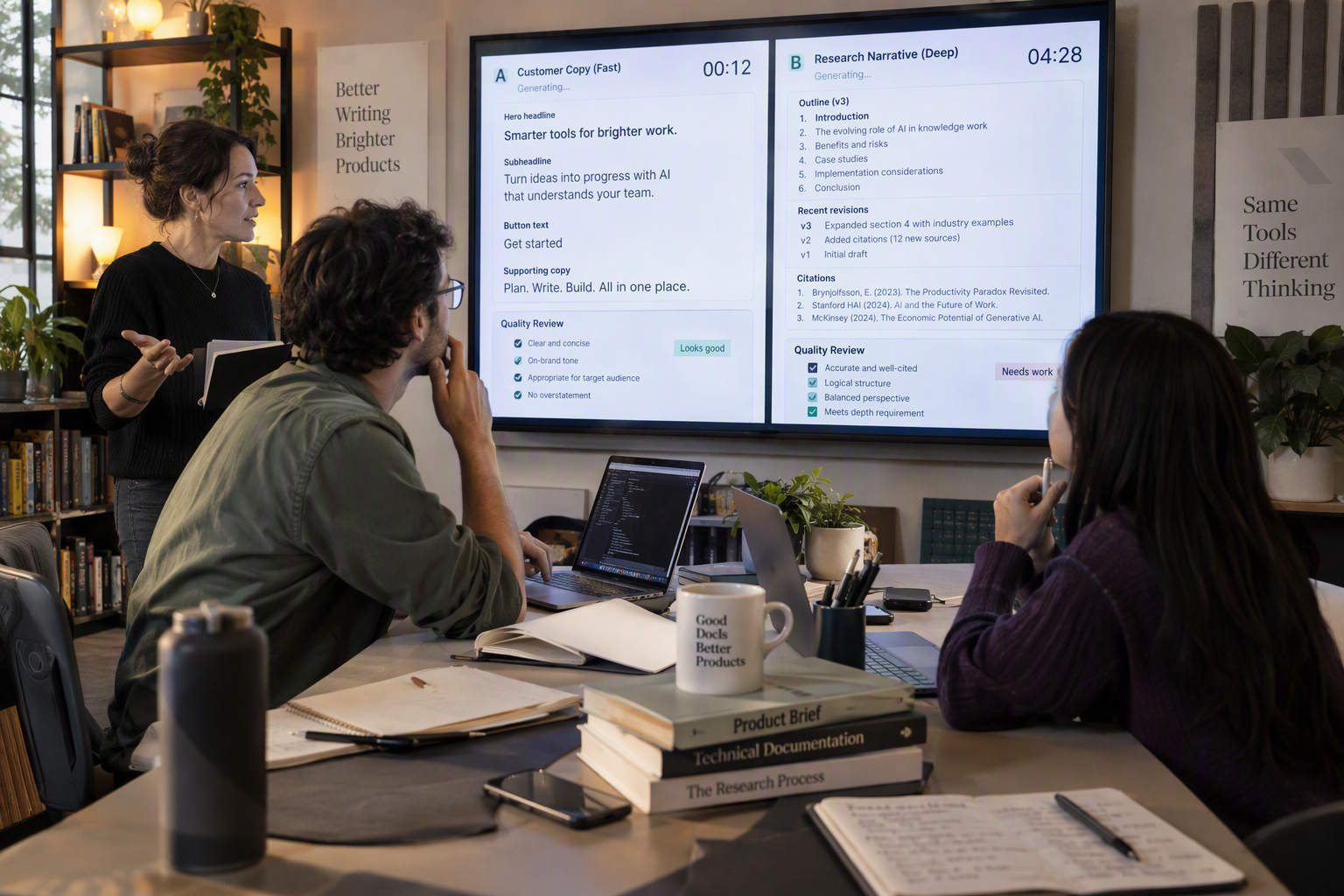 A modern editorial studio where a technical writer, product marketer and software developer review two parallel streams of