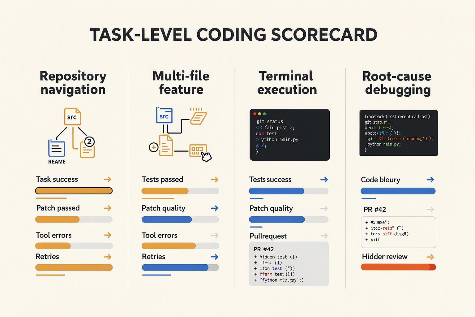A multi-panel engineering benchmark infographic titled TASK-LEVEL CODING SCORECARD