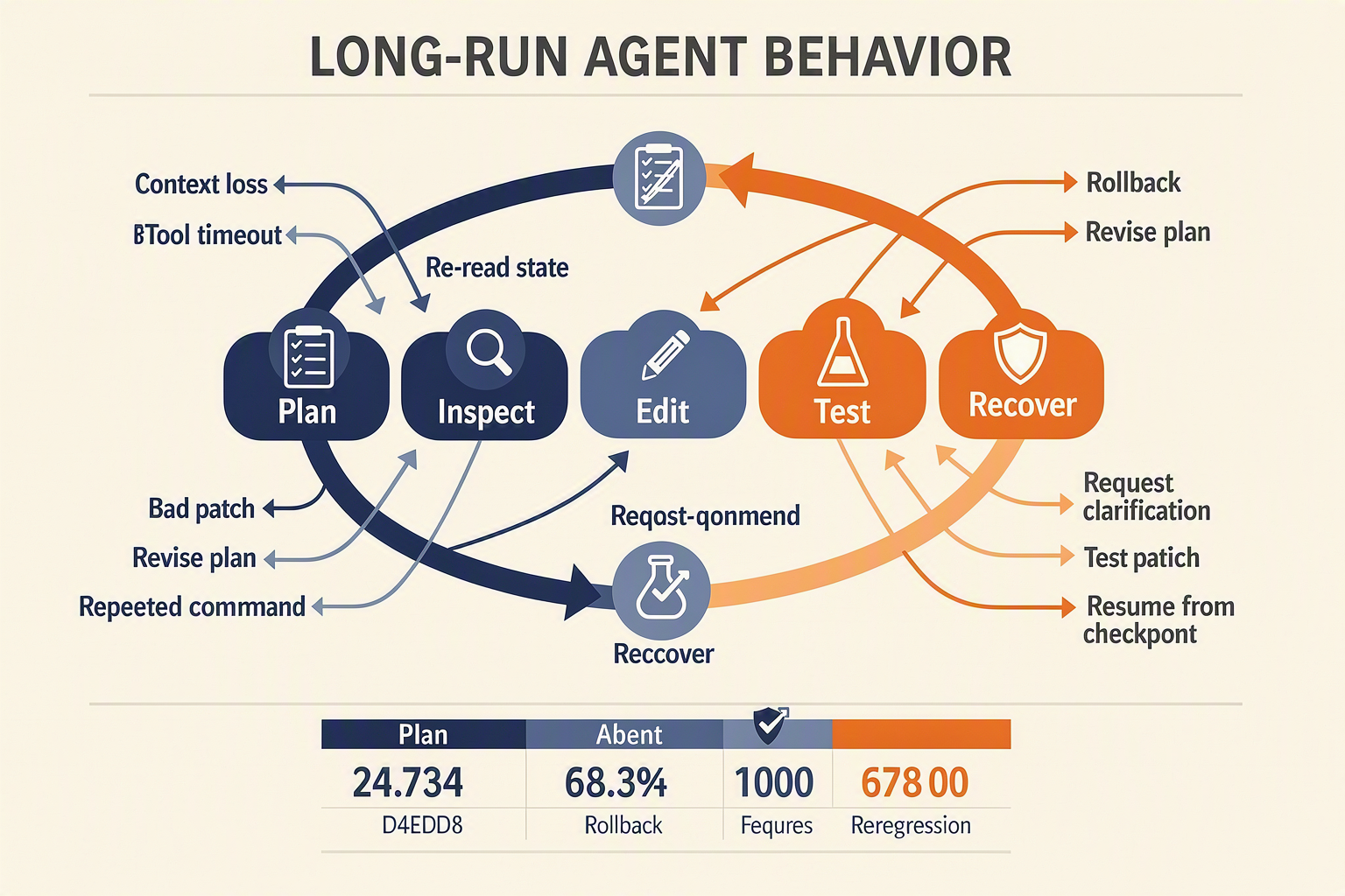 A systems-reliability infographic titled LONG-RUN AGENT BEHAVIOR showing a looping agent trajectory across five stages: