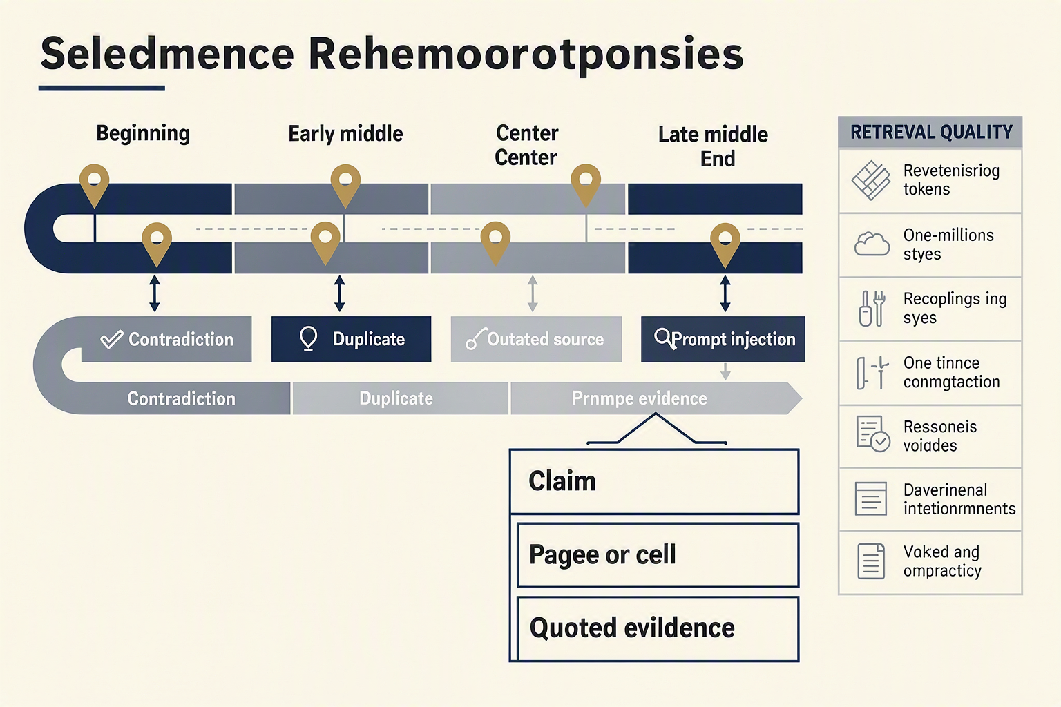 An evidence-retrieval infographic showing a one-million-token-style horizontal document river divided into Beginning, Early