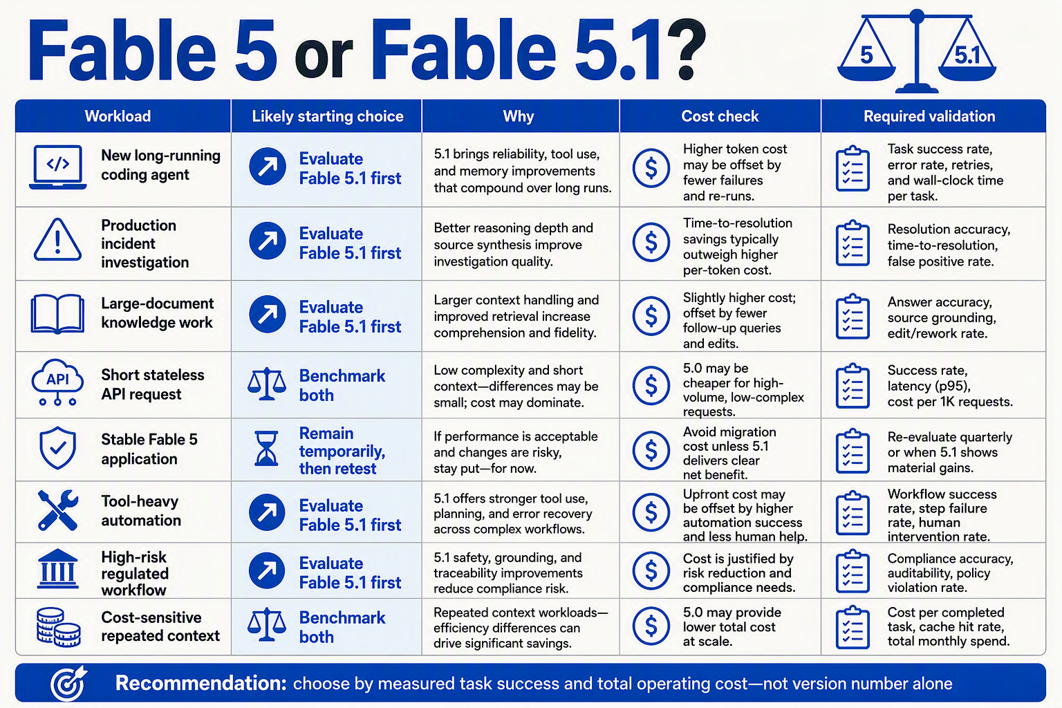 A workload decision table titled Fable 5 or Fable 5.1?