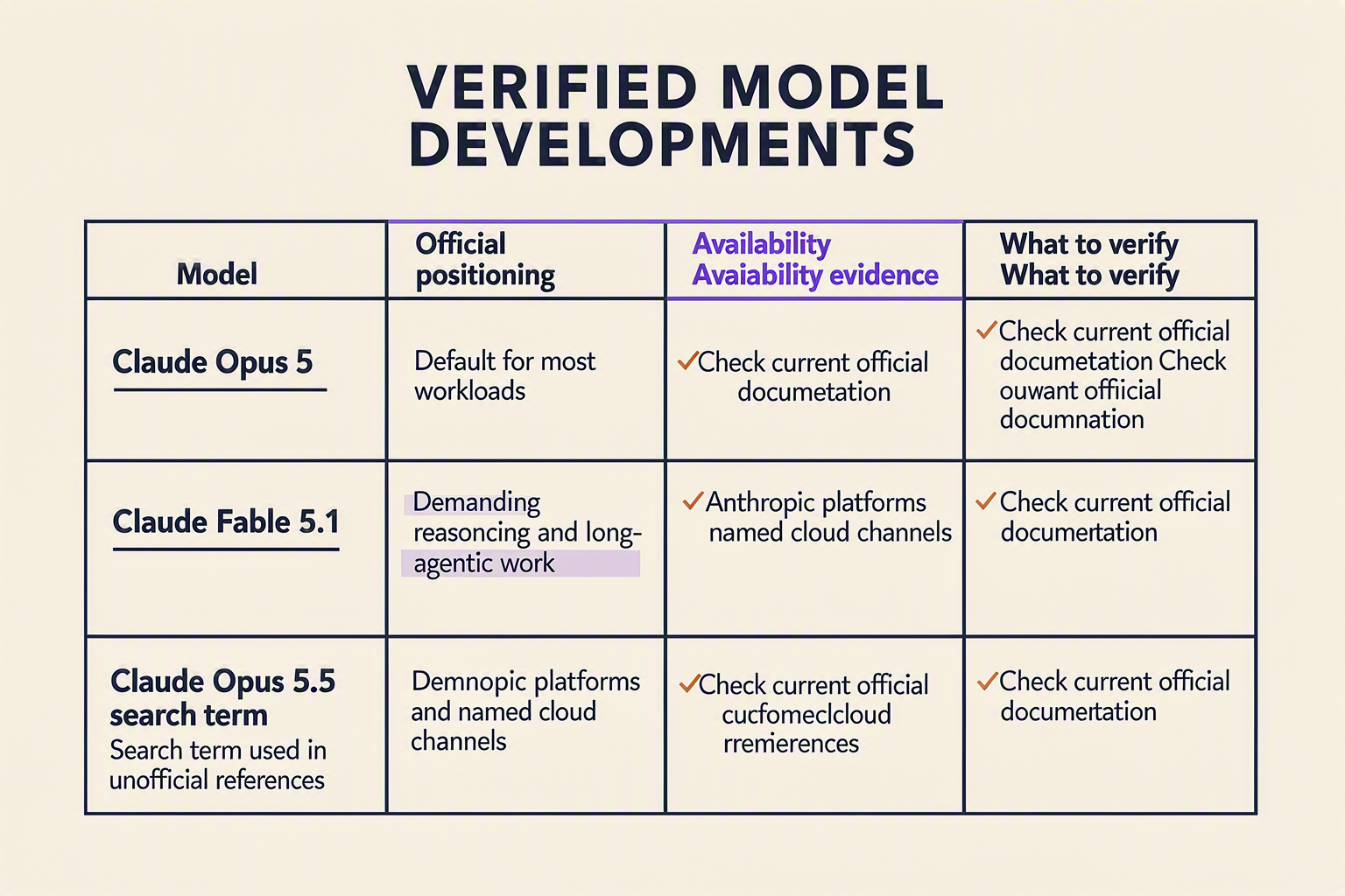 Design a chronological comparison-table infographic titled VERIFIED MODEL DEVELOPMENTS