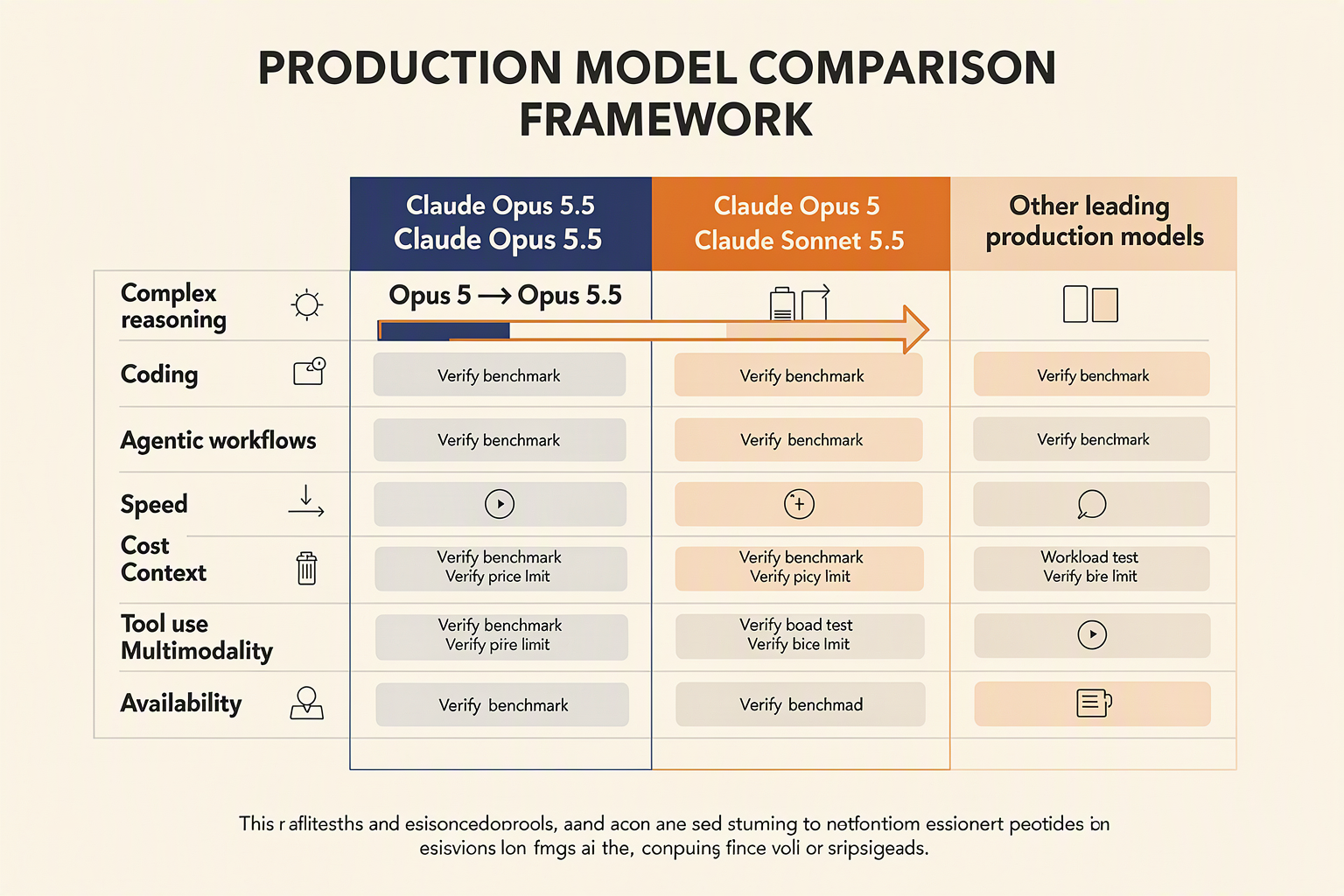 A vendor-neutral decision-matrix infographic titled PRODUCTION MODEL COMPARISON FRAMEWORK with columns labeled Claude Opus
