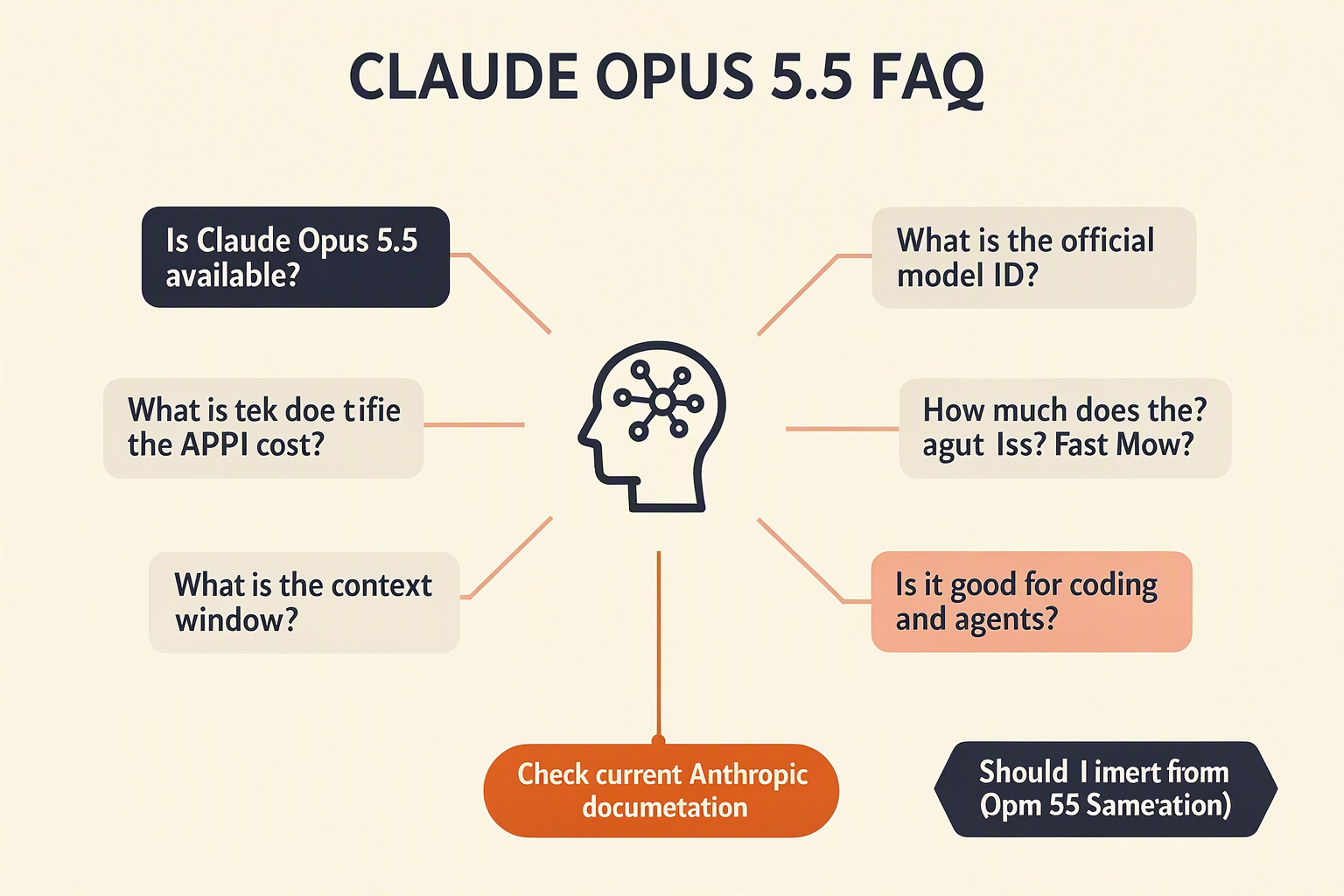 A structured FAQ-map infographic titled CLAUDE OPUS 5.5 FAQ with a central model icon surrounded by seven question cards