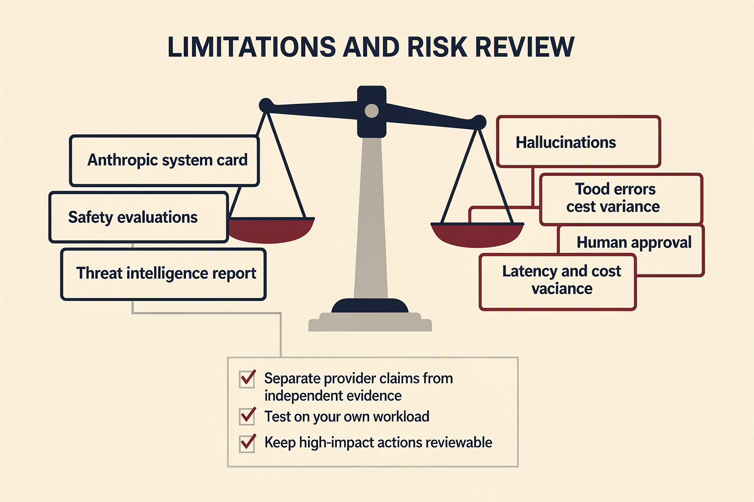 An evidence-review infographic titled LIMITATIONS AND RISK REVIEW designed as a balanced scale; the left side contains