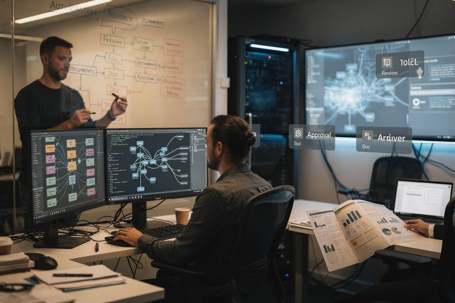 A bustling enterprise AI operations room where a software engineer examines a complex repository graph, an automation