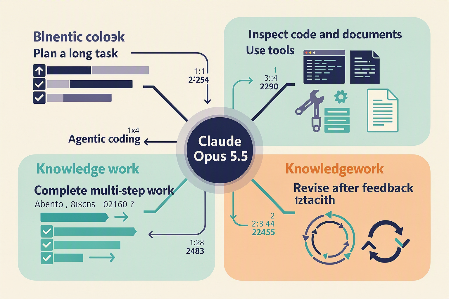 A detailed agentic-workflow infographic titled Claude Opus 5.5 Capability Map