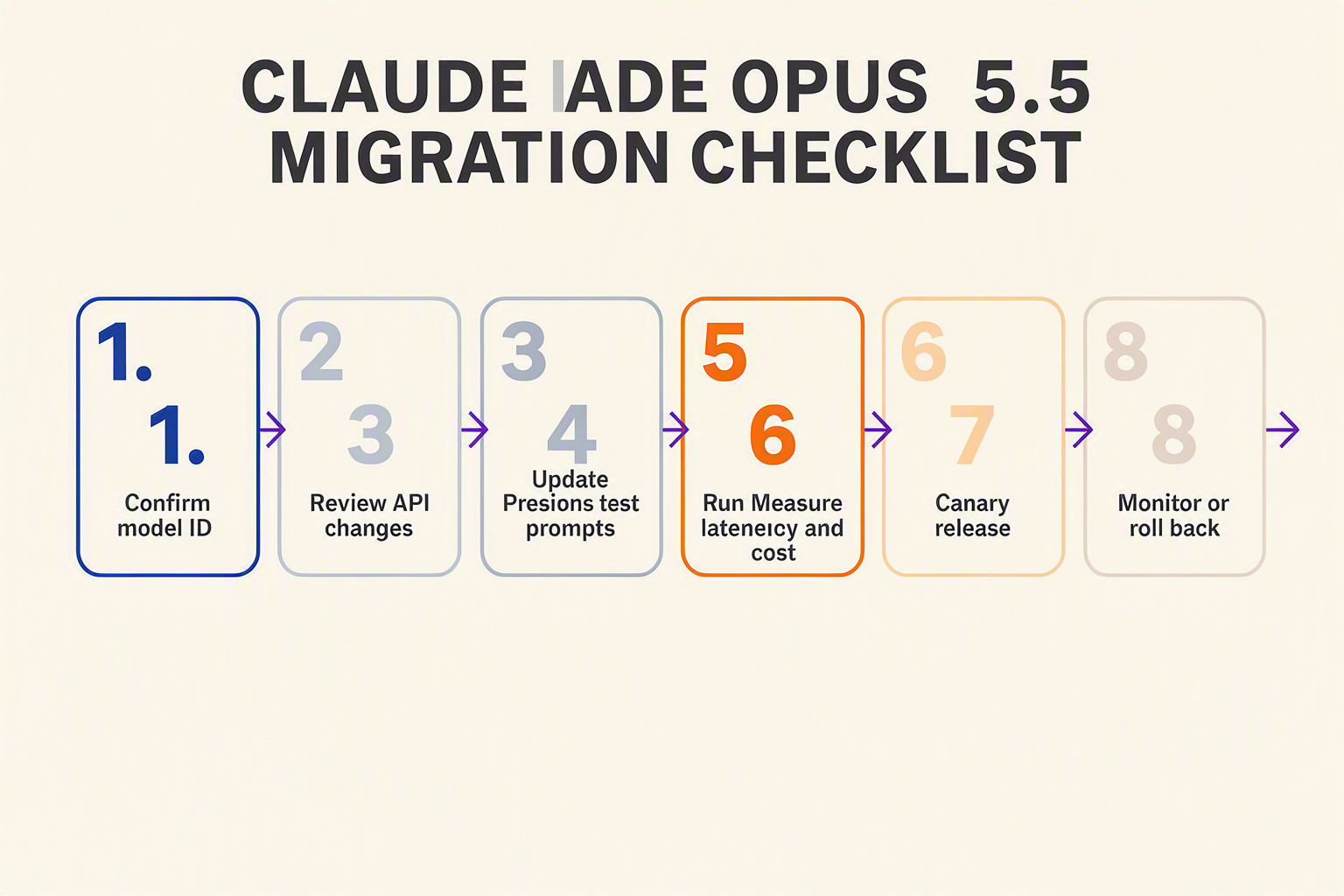 A migration-runbook infographic titled CLAUDE OPUS 5.5 MIGRATION CHECKLIST displayed as an eight-step horizontal process