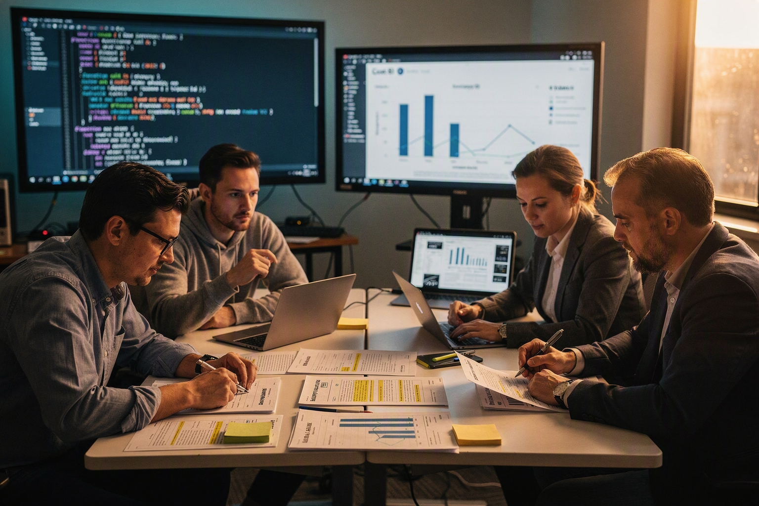 A technology research roundtable in a quiet newsroom on launch day, with an AI researcher, software engineering lead,