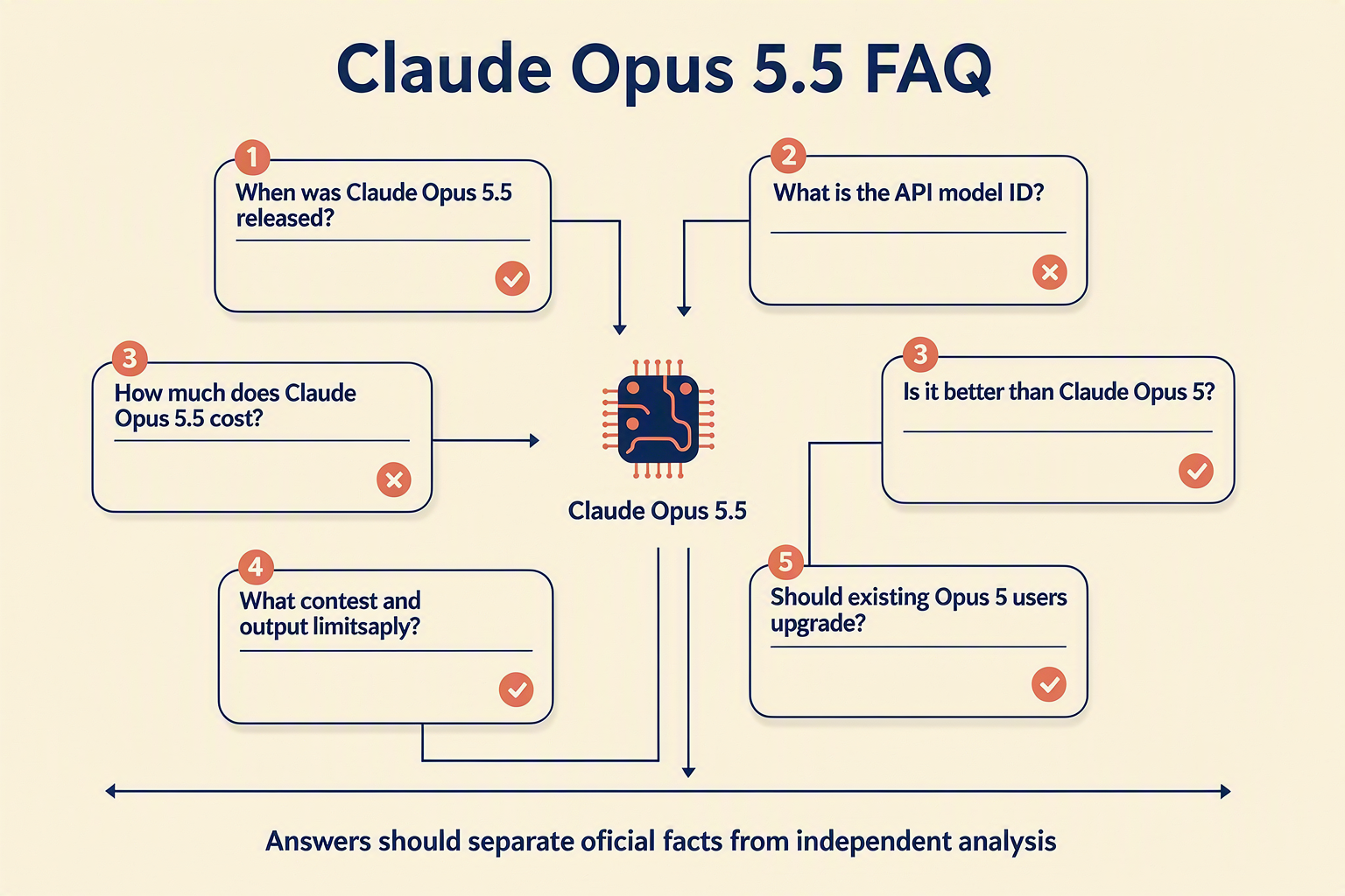 A polished FAQ knowledge-map infographic titled Claude Opus 5.5 FAQ with eight rounded question cards arranged around a