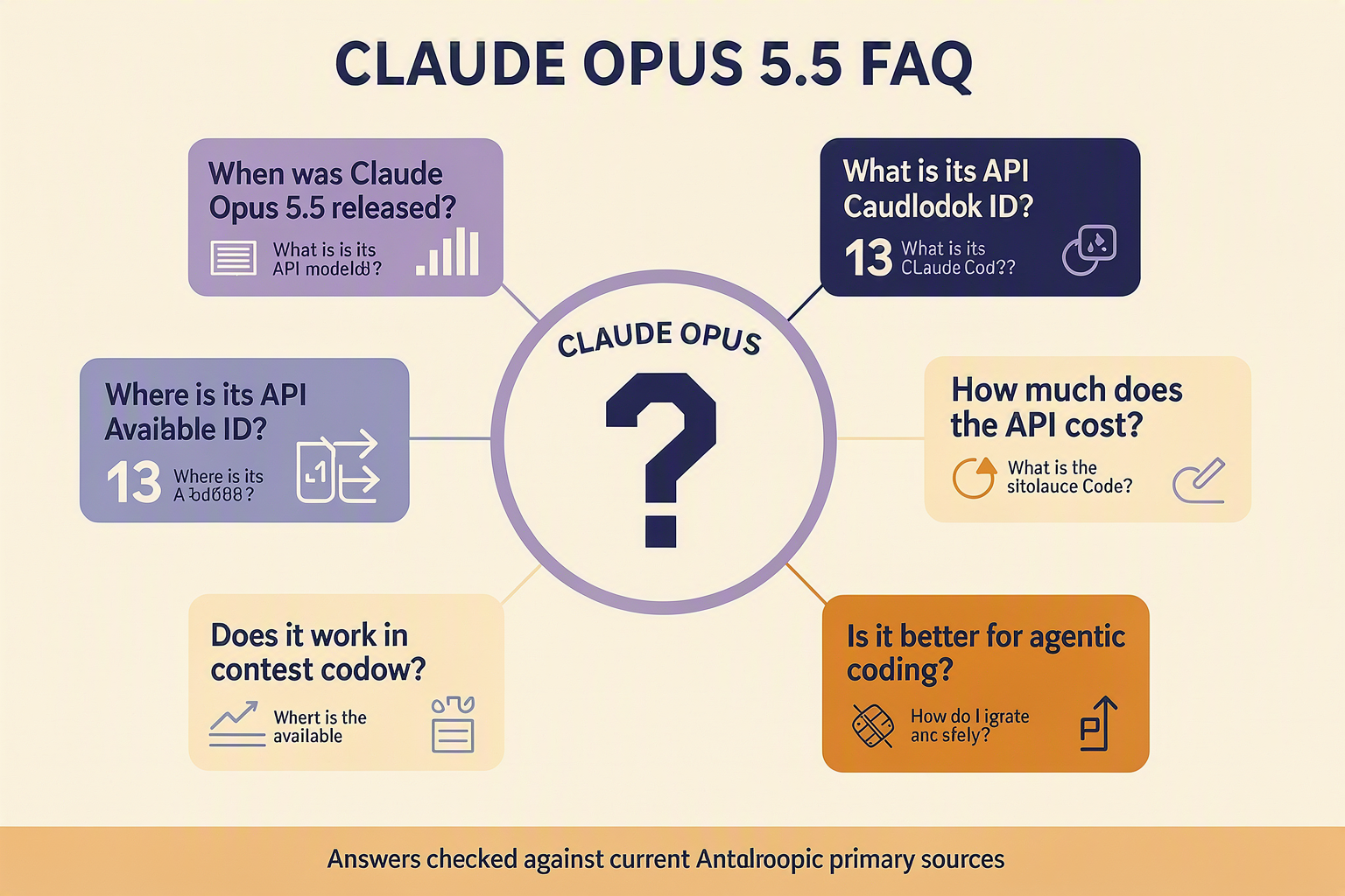 A question-and-answer hub infographic titled CLAUDE OPUS 5.5 FAQ with a central question-mark symbol and eight surrounding