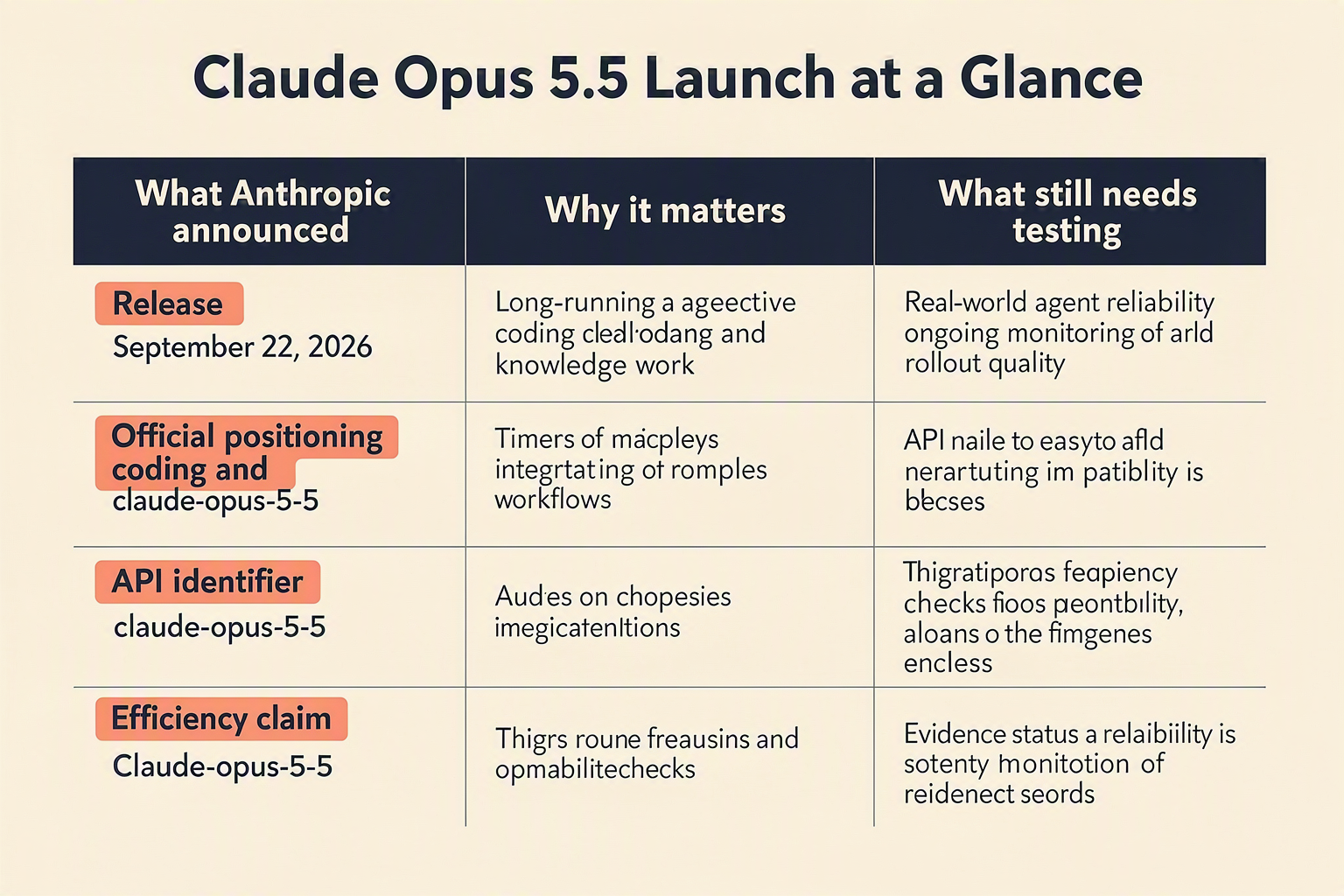 A structured editorial comparison table titled Claude Opus 5.5 Launch at a Glance with five rows labeled Release, Official
