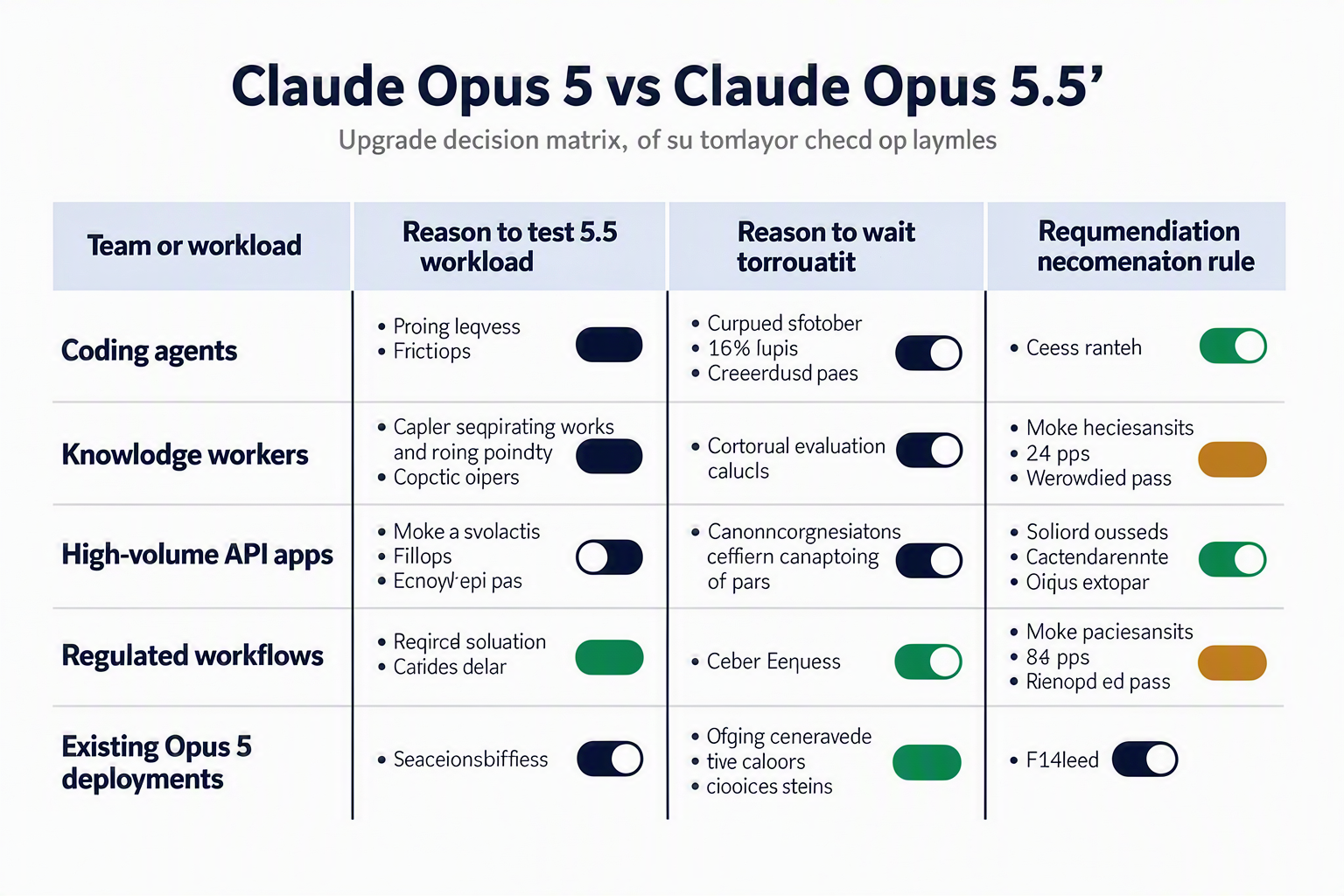 A practical upgrade-decision matrix titled Claude Opus 5 vs Claude Opus 5.5 with columns labeled Team or workload, Reason to