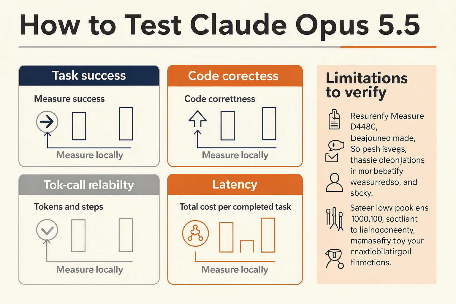 A rigorous evaluation-dashboard infographic titled How to Test Claude Opus 5.5 divided into six equal modules labeled Task