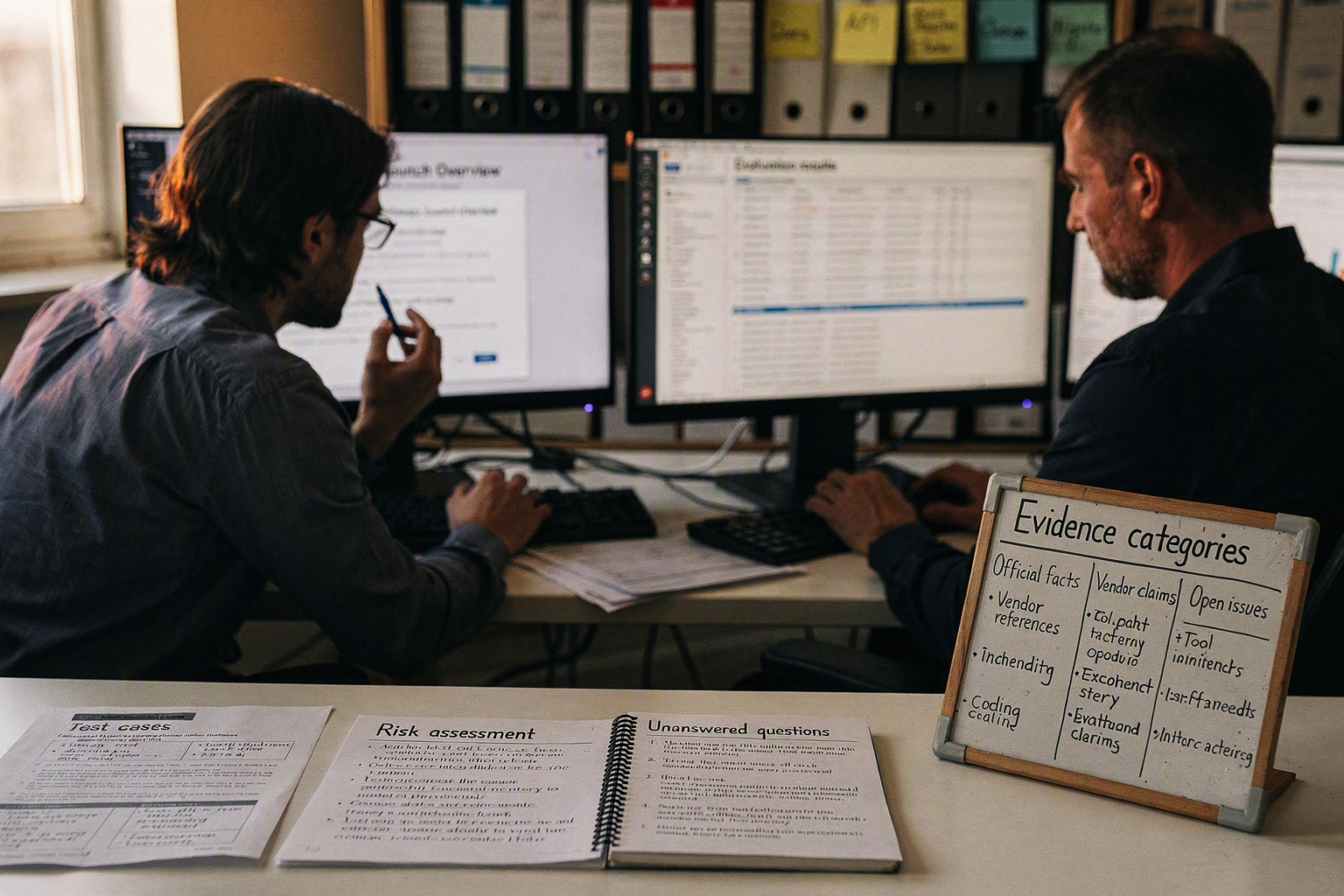 Inside a quiet editorial research room, two technical analysts review Anthropic launch materials, API documentation, release
