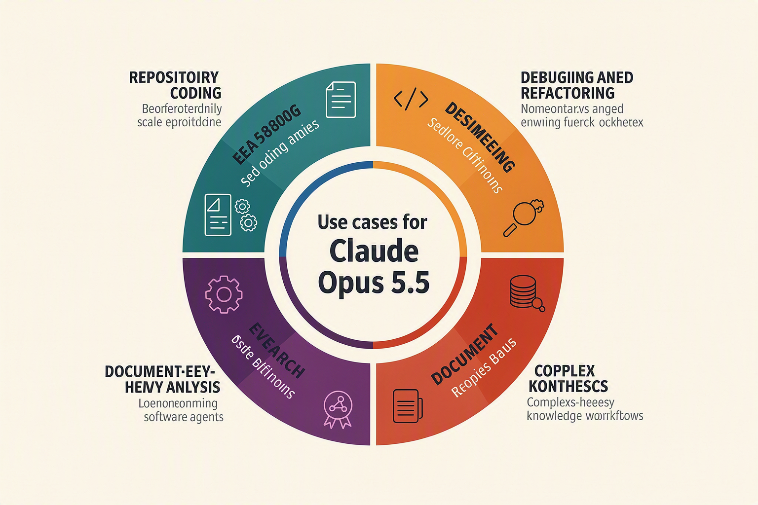 A six-segment radial use-case infographic with a central circle labeled Claude Opus 5.5