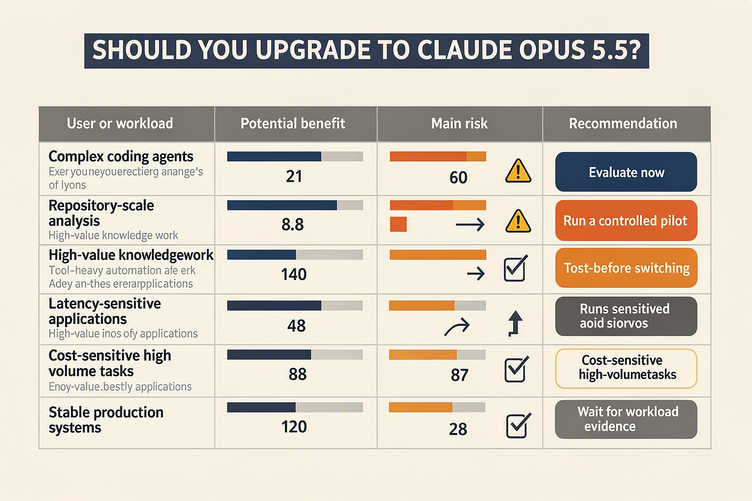 A decision-matrix infographic titled SHOULD YOU UPGRADE TO CLAUDE OPUS 5.5?
