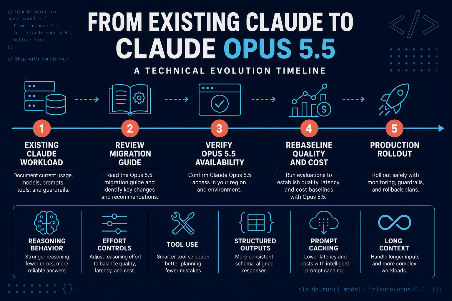 A chronological technical infographic tracing the evolution from an older Claude deployment to Claude Opus 5.5