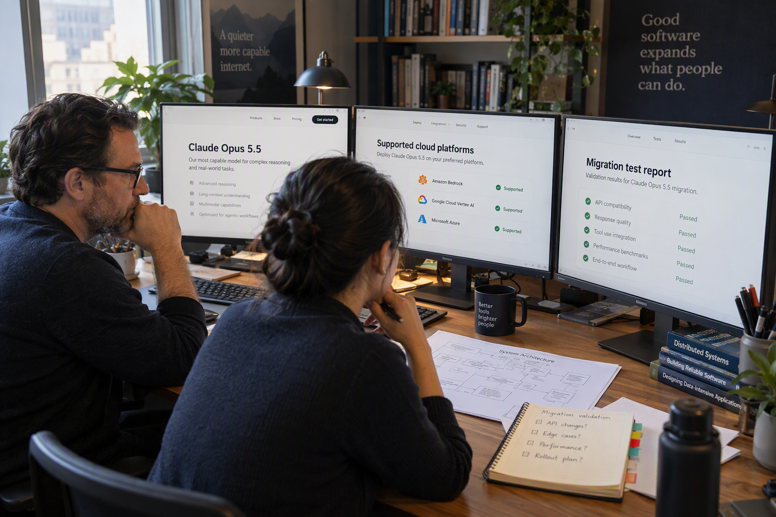 An editorial research scene in a quiet technical library where a senior API architect and a software reliability engineer