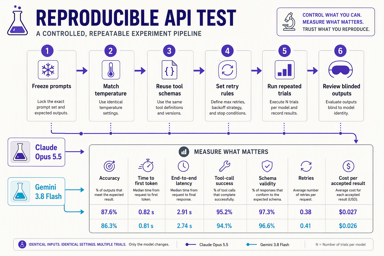 A rigorous horizontal experiment pipeline titled REPRODUCIBLE API TEST with six numbered stages connected by arrows: 1