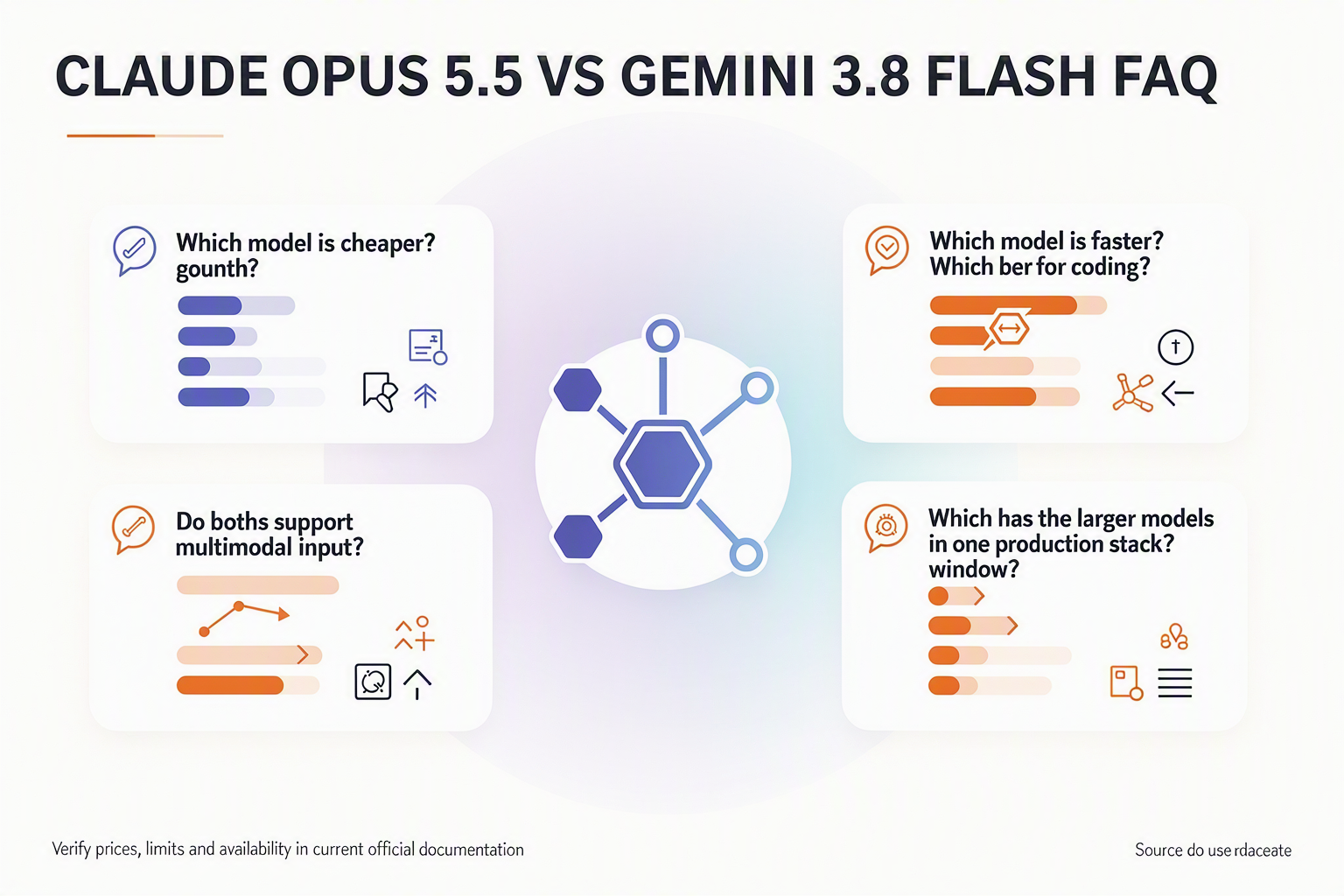 A structured FAQ infographic titled CLAUDE OPUS 5.5 VS GEMINI 3.8 FLASH FAQ with six rounded question cards arranged around