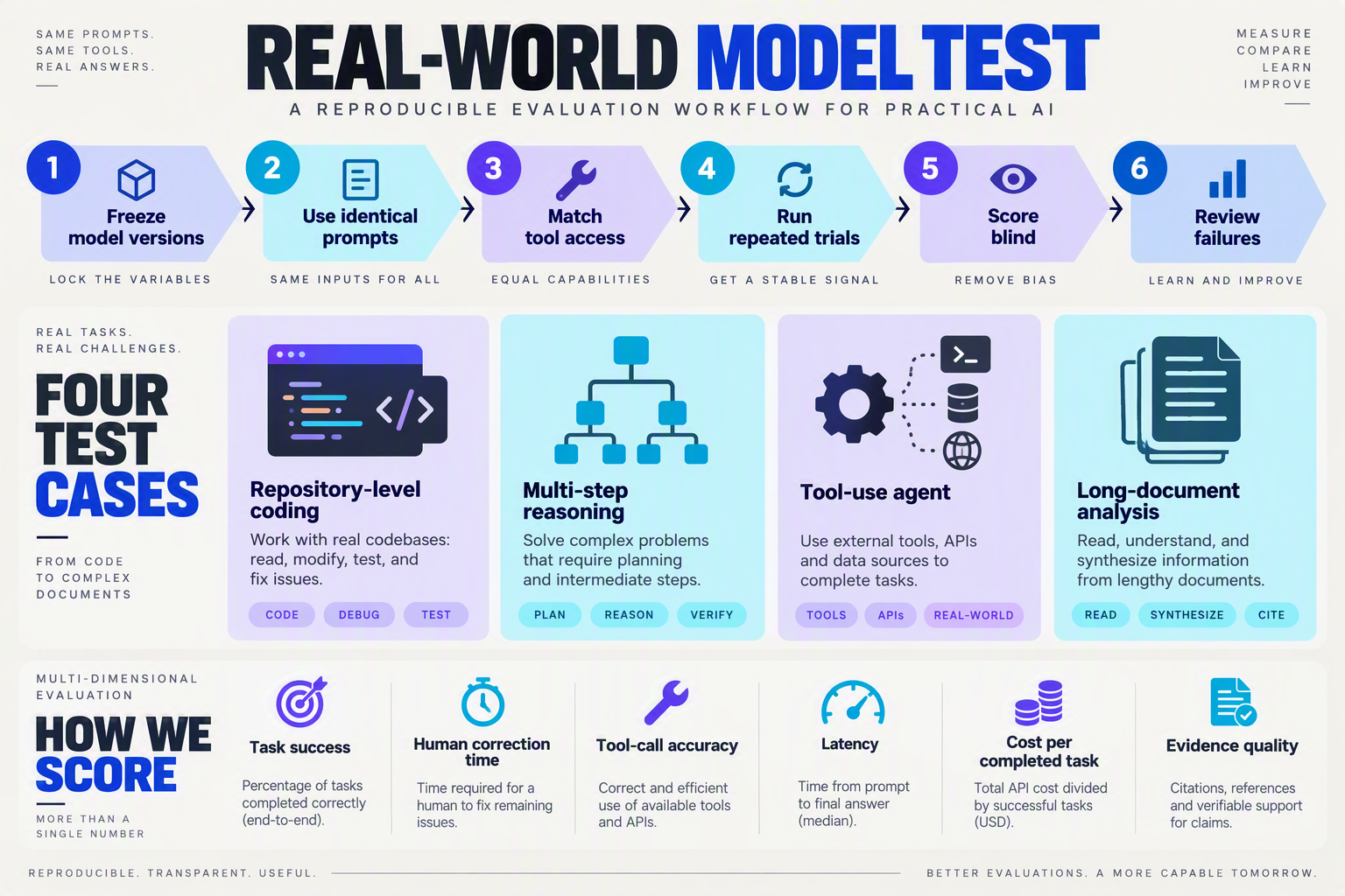 A reproducible evaluation workflow infographic titled REAL-WORLD MODEL TEST