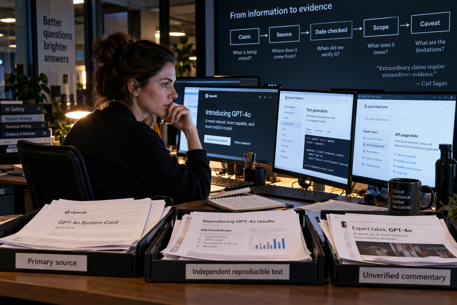 A modern research newsroom at night where an AI analyst reviews official product announcements, API documentation, technical
