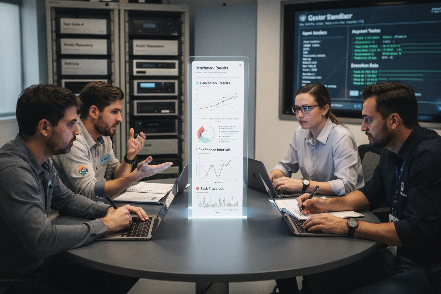 Show a small panel of software engineers, an AI evaluation scientist, a procurement leader and a security specialist
