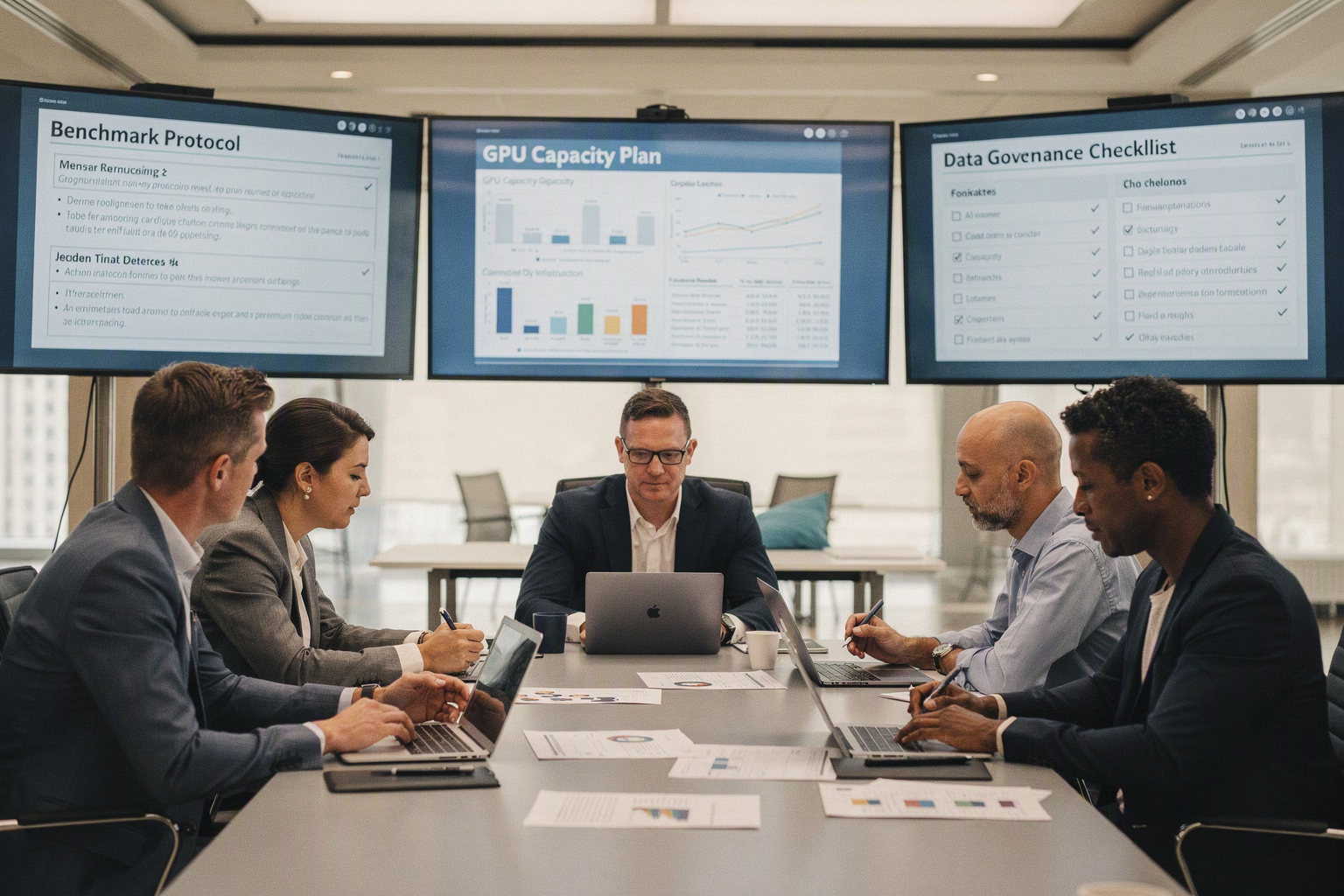 A moderated technical review panel in a bright conference studio: an AI researcher, an infrastructure architect, a security