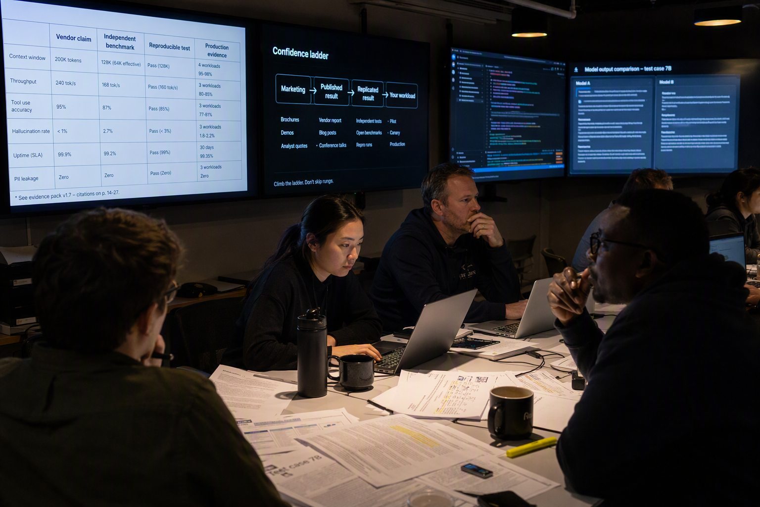 A late-evening AI evaluation room where a diverse group of engineers and procurement analysts examine official