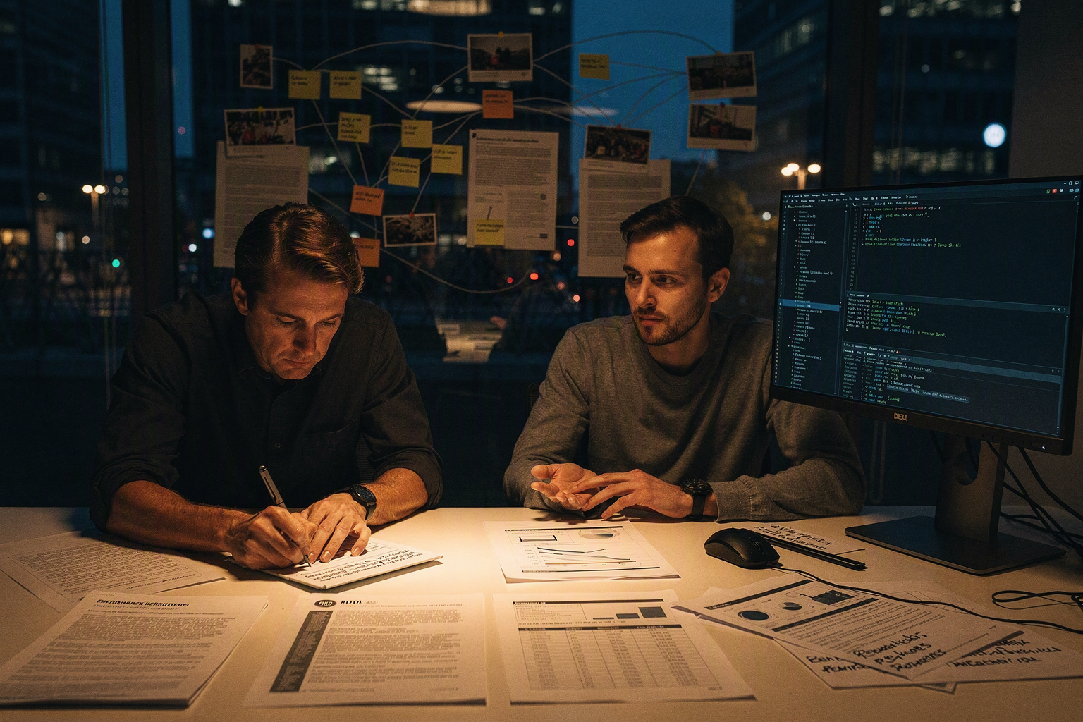 A calm investigative scene in a modern research newsroom at night