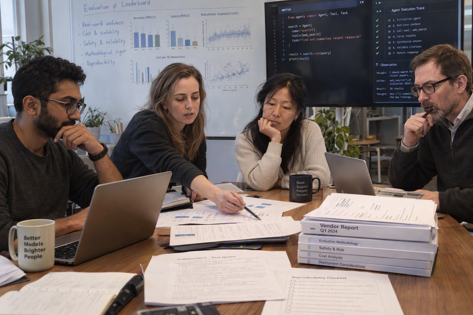 A roundtable scene in a university AI evaluation lab, with a software engineer, machine-learning researcher,