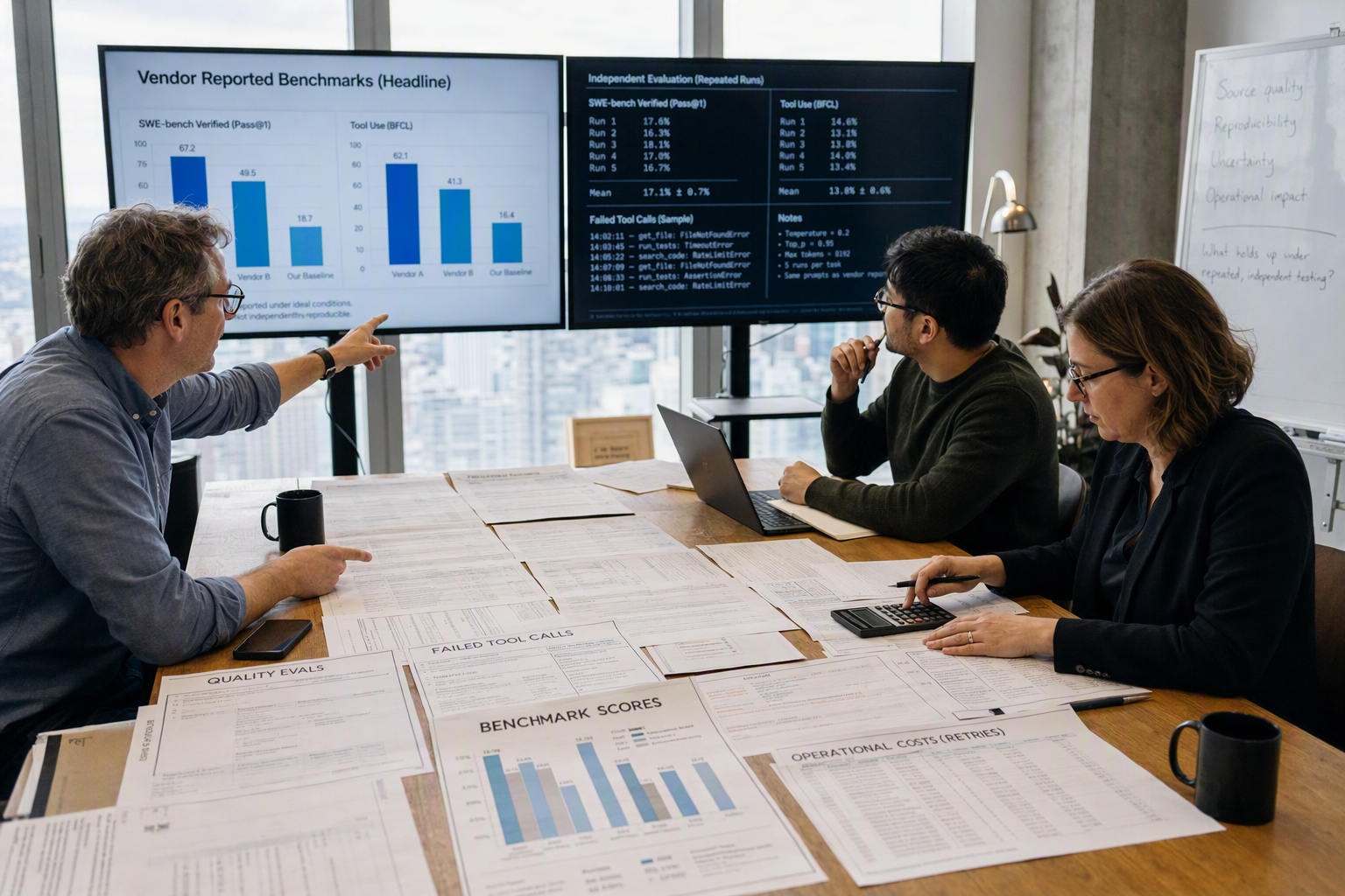 A newsroom-style evidence review scene with an AI researcher, a software architect and a finance leader seated around a