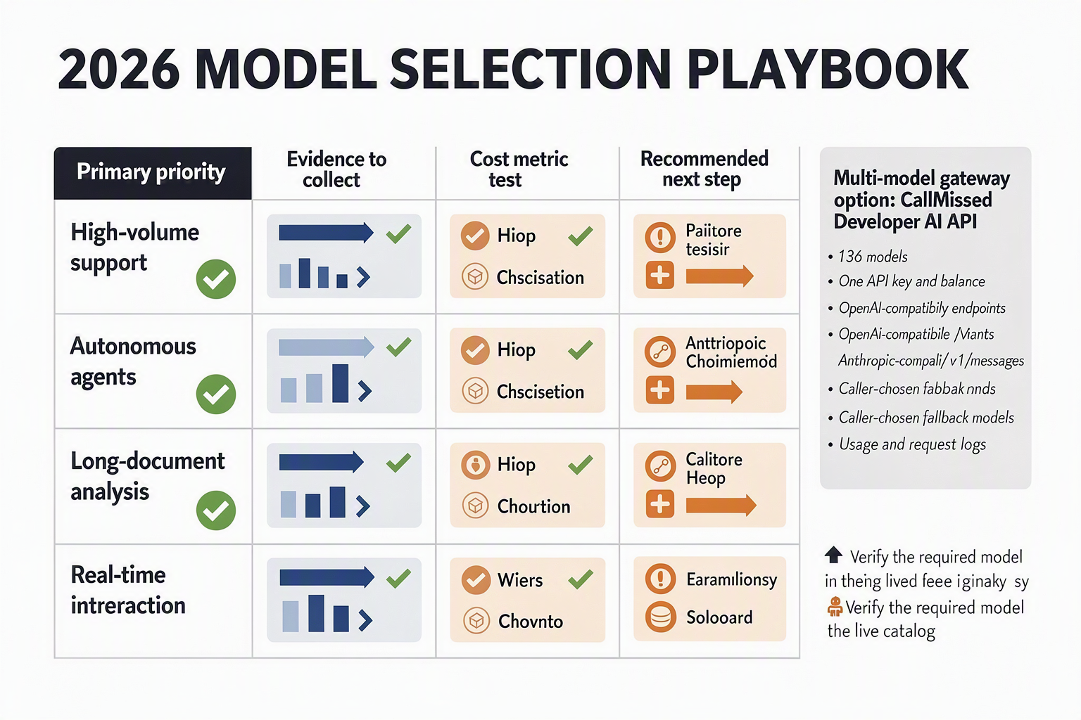 A practical selection matrix titled 2026 MODEL SELECTION PLAYBOOK with rows labeled High-volume support, Complex coding,