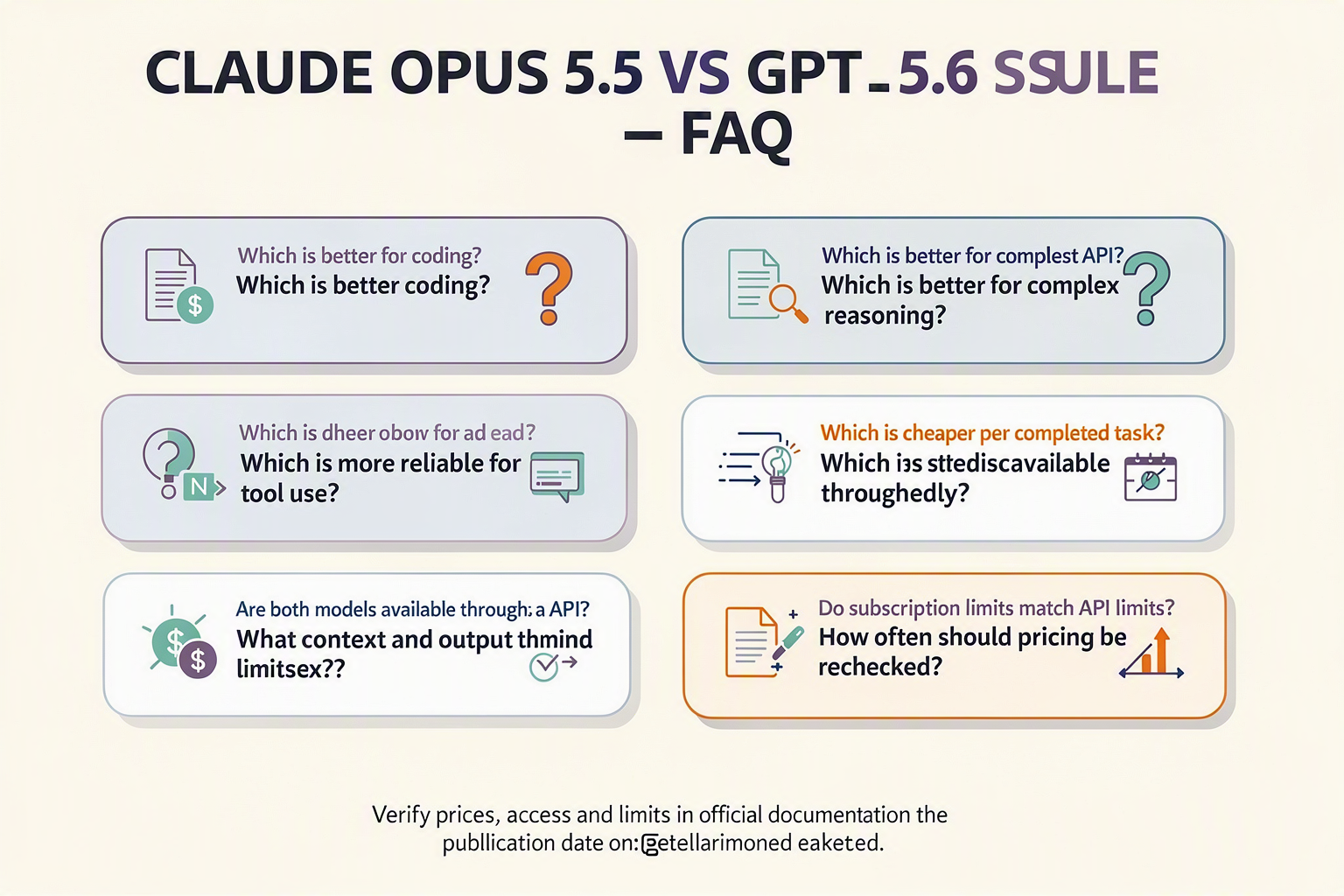 A structured FAQ infographic titled CLAUDE OPUS 5.5 VS GPT-5.6 SOL — FAQ