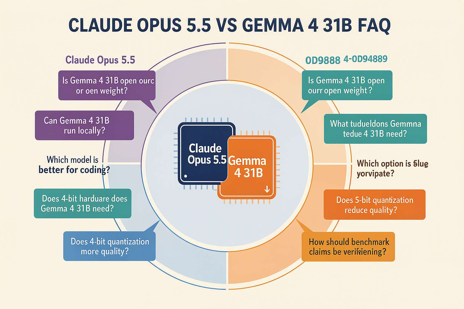 A clean FAQ knowledge-map infographic titled CLAUDE OPUS 5.5 VS GEMMA 4 31B FAQ