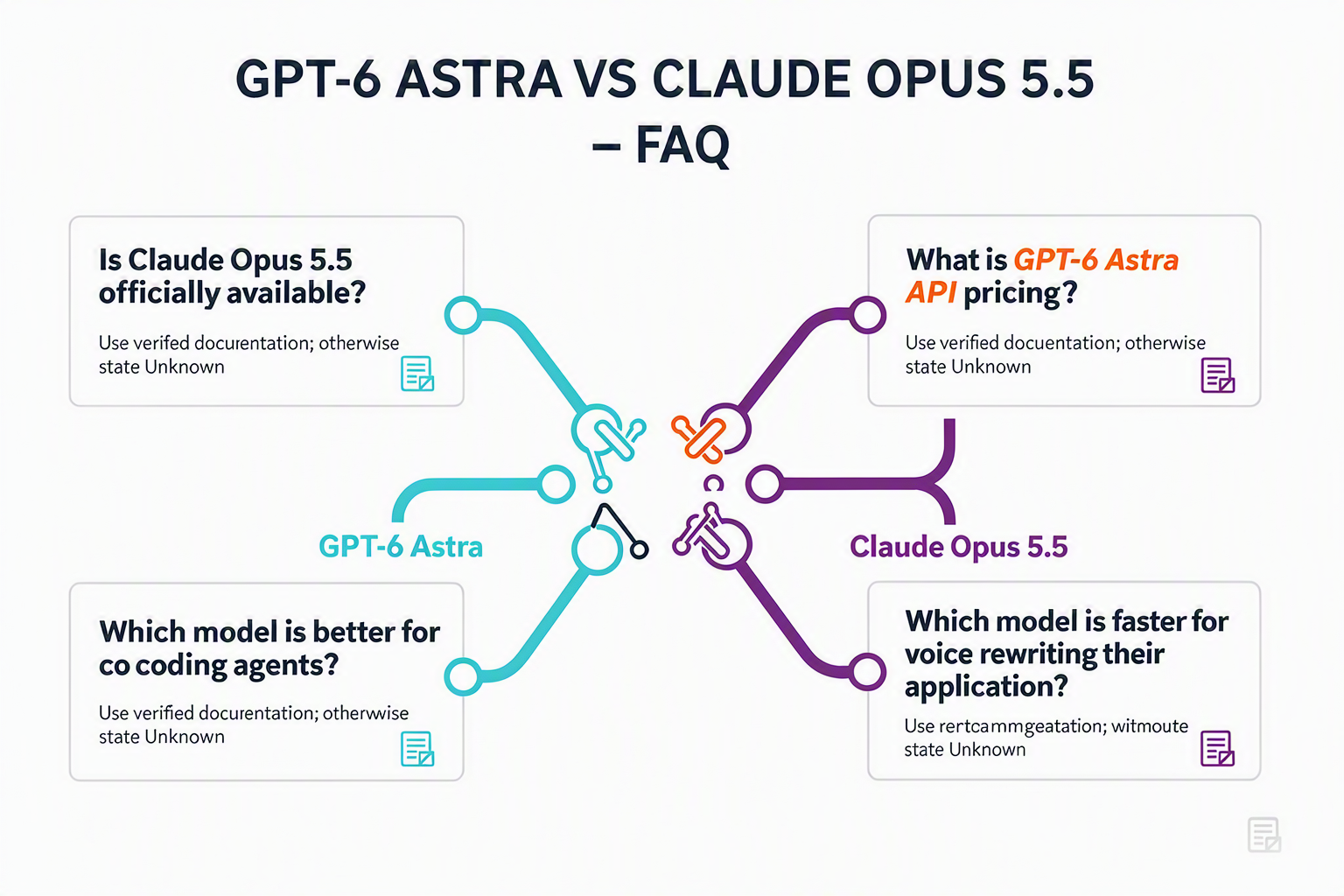 Design a structured FAQ knowledge-map infographic titled GPT-6 ASTRA VS CLAUDE OPUS 5.5 — FAQ