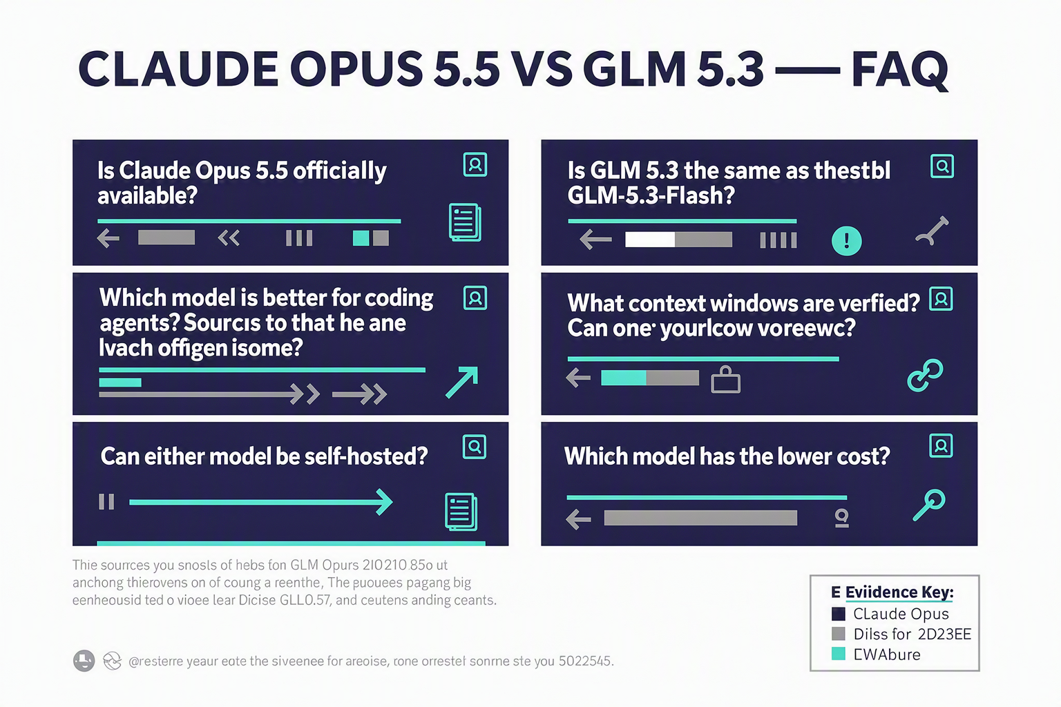 A structured FAQ knowledge graphic titled CLAUDE OPUS 5.5 VS GLM 5.3 — FAQ arranged as six expandable-style cards