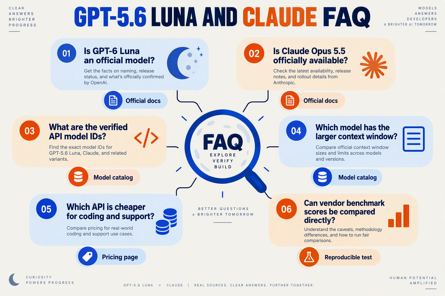 An FAQ knowledge-map infographic titled GPT-5.6 LUNA AND CLAUDE FAQ