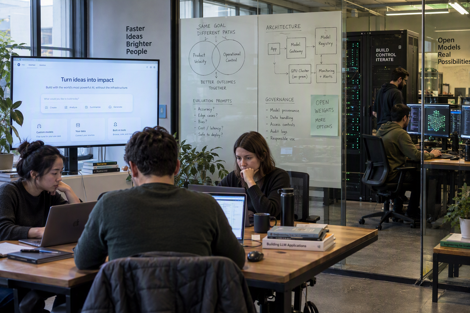 A wide editorial scene showing two technical teams solving the same enterprise problem in different environments