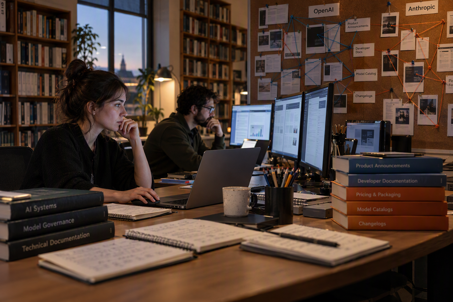 A meticulous digital archive scene inside a modern research library, where an analyst examines official model documentation