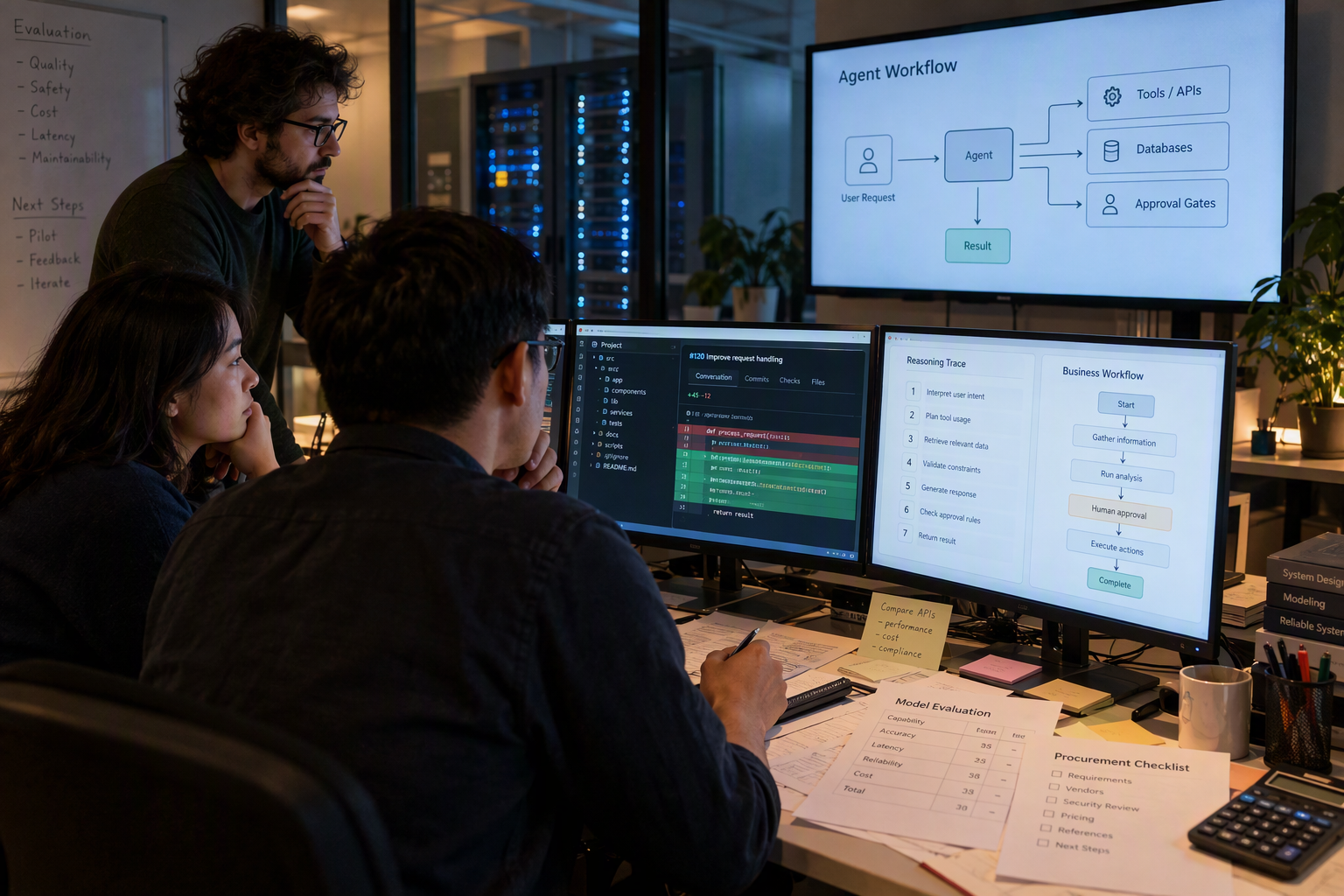 An evening scene inside a modern software lab where a product manager and two senior engineers study the official model