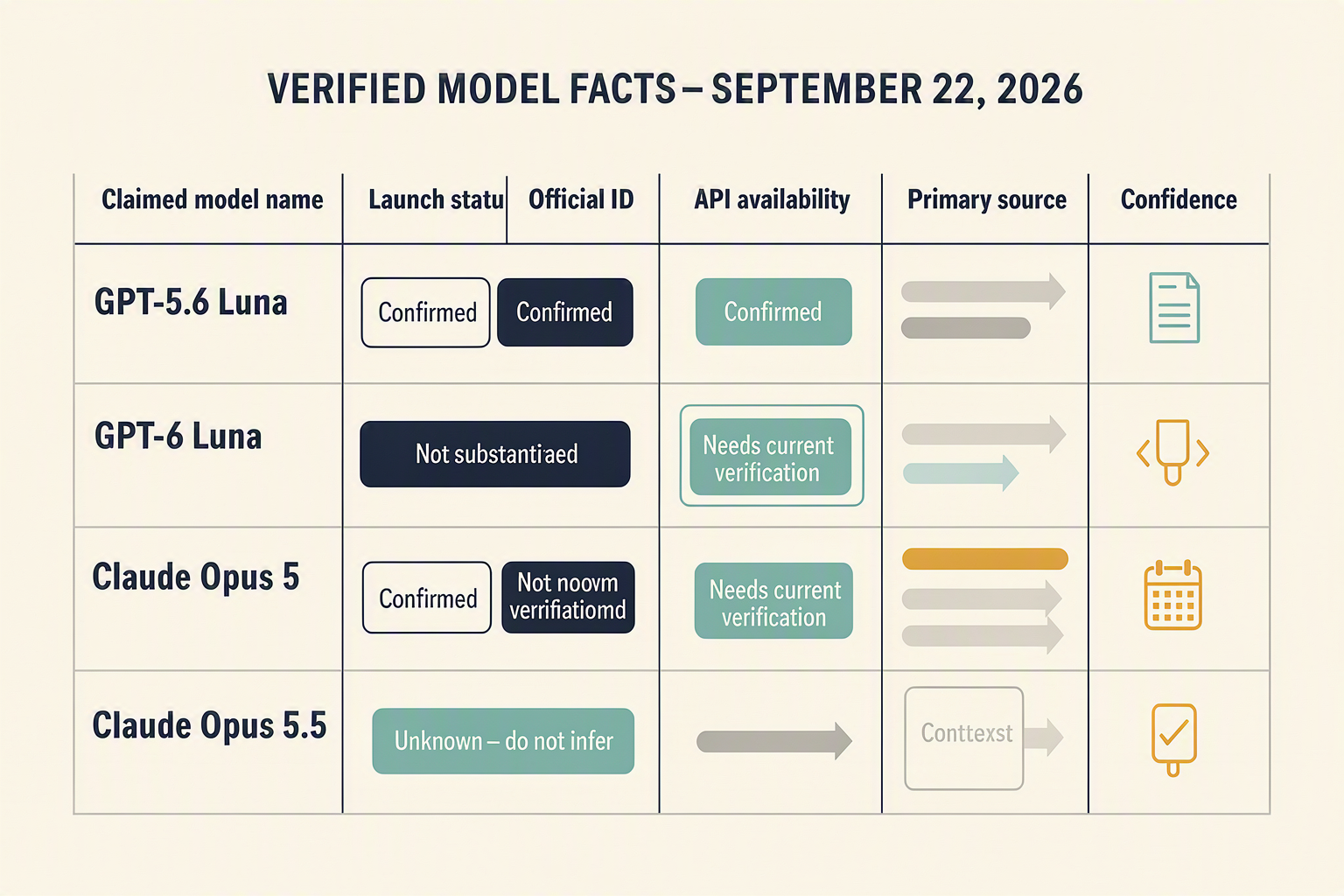 A clean evidence matrix titled VERIFIED MODEL FACTS — SEPTEMBER 22, 2026 with columns labeled Claimed model name, Launch