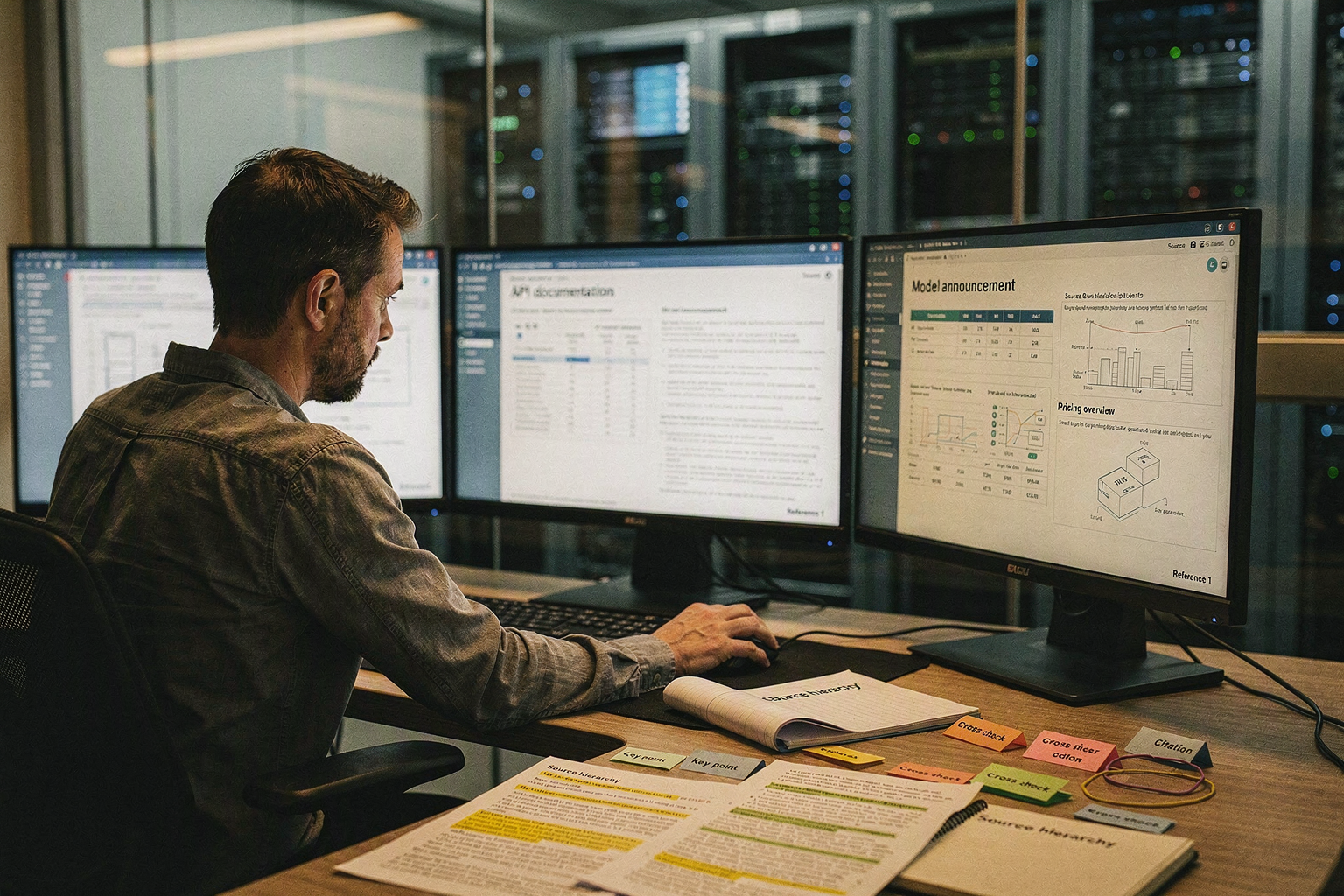 Show an investigative technology researcher seated at a broad library-style desk, comparing official model announcements,