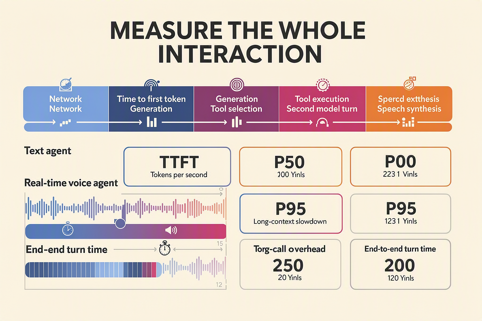 Create a detailed latency waterfall infographic titled MEASURE THE WHOLE INTERACTION