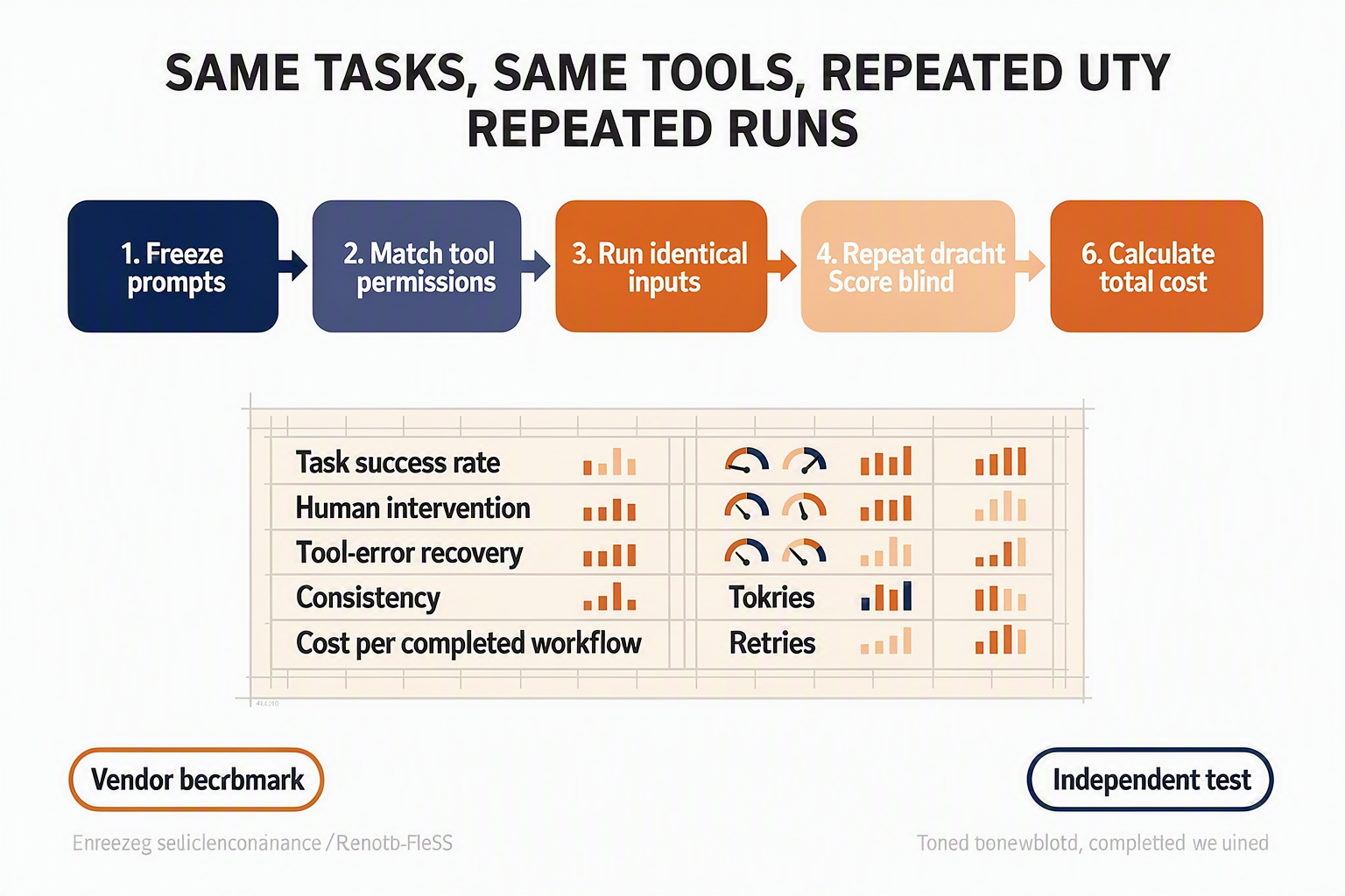 A laboratory-style evaluation pipeline infographic titled SAME TASKS, SAME TOOLS, REPEATED RUNS