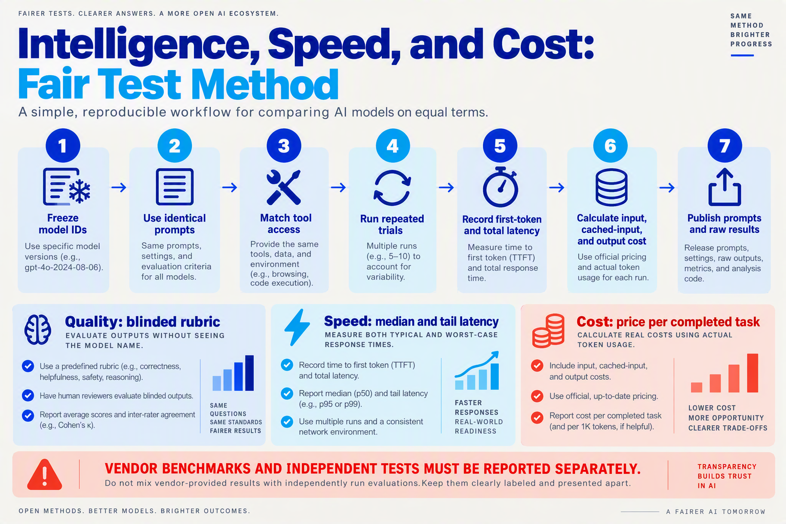 A reproducible model-testing workflow infographic titled Intelligence, Speed, and Cost: Fair Test Method